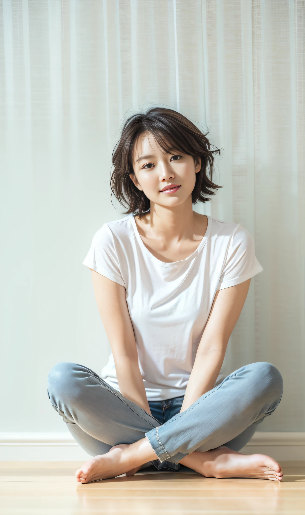 Beautiful woman sitting cross-legged against grey wallpaper wall behind her, Japan person, facing the front, beautiful face with arms and legs, woman in white shirt and shorts sitting, milky skin, clean face and body skin, pale milky porcelain skin, slender figure, very beautiful slim legs, masterpiece, best quality, ultra detailed , highres, high-resolution, 8k portrait, unity 8k wallpaper, realistic , RAW photo, real person, portrait photography, photorealistic, shiny skin, detailed skin