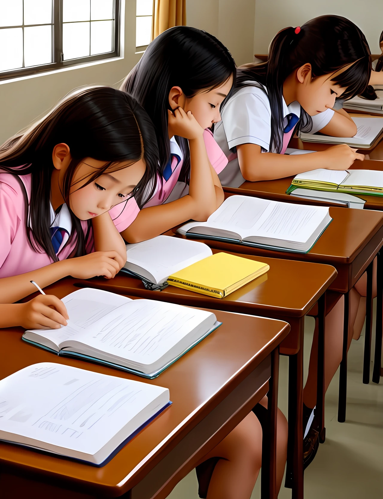 Junior high school girls study hard at home