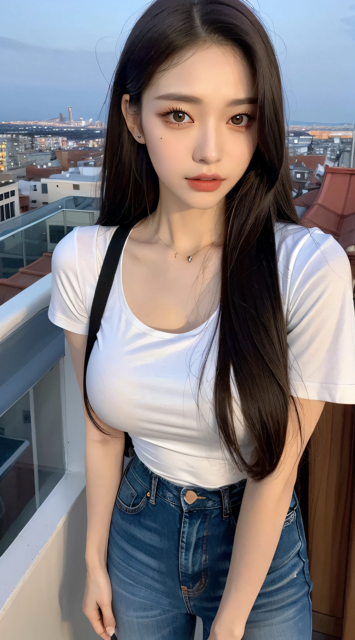 ((Midnight, Best quality, 8k, Masterpiece :1.3)), Whole body, Long legs, Sharp focus :1.2, A pretty woman with perfect figure :1.4, Slender abs :1.1, ((Dark brown hair, Big breasts :1.2)), (White tight tshirt, Jean bib, Standing:1.2), ((Night city view, Rooftop:1.3)), Highly detailed face and skin texture, Detailed eyes, Double eyelid
