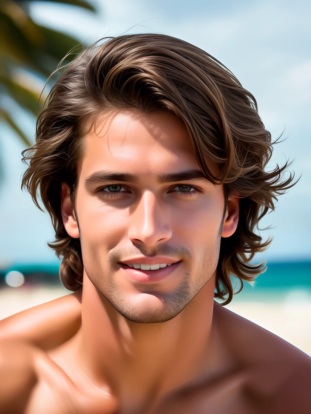 Cinematic soft lighting illuminates a stunningly detailed and ultra-realistic handsome Brazilian male supermodel, beach look, short messy windy brown hair, clear honey eyes, captivating perfect smile, sensual, hot man, insanely handsome, that is trending on ArtStation. Octane is the perfect tool to capture the softest details of this 16k photography masterpiece.