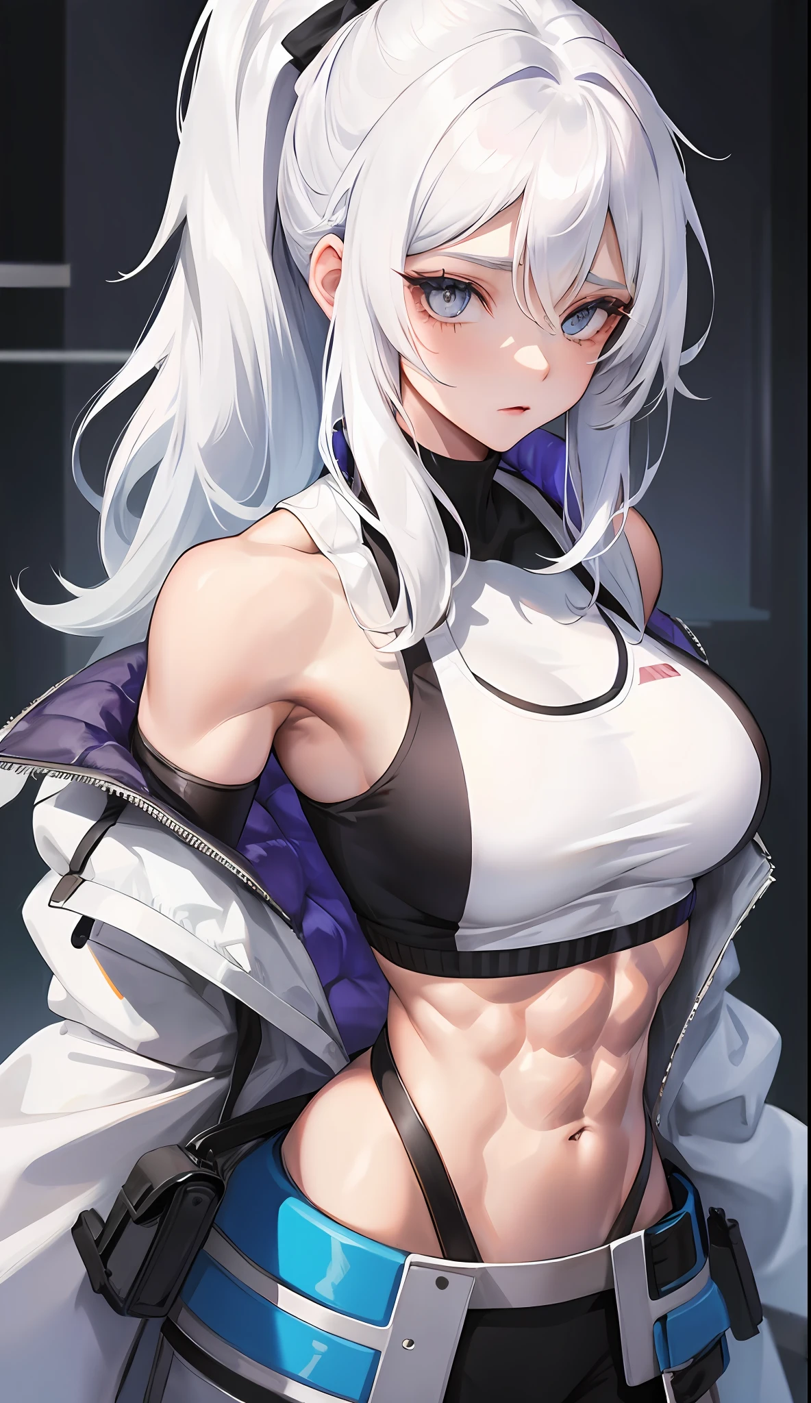 Girl, female, muscle, abs, vest line, silvery-white hair