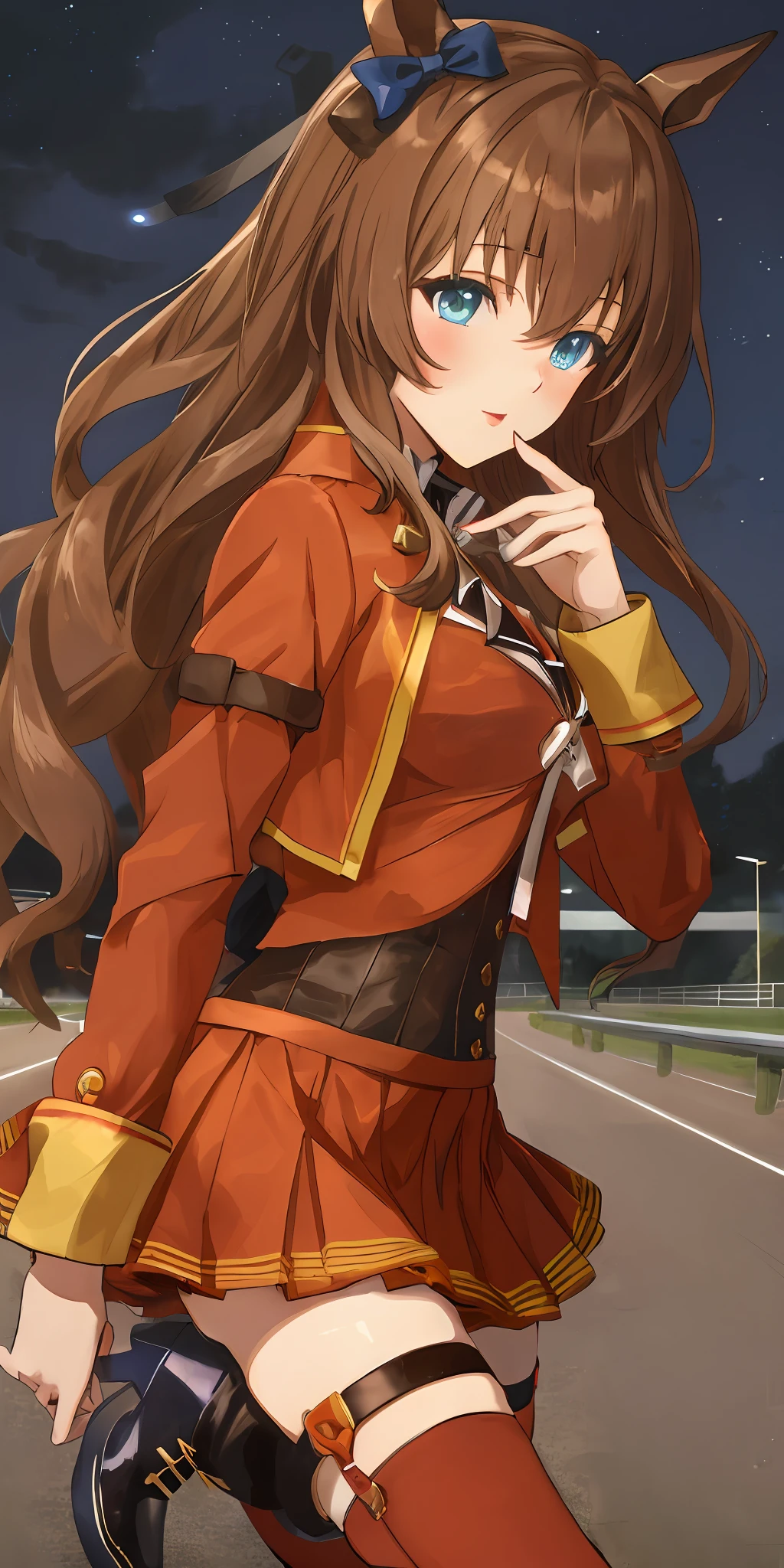 masterpiece, best quality, close up face shot, driving, sports car,
maruzensky \(umamusume\),
red thighhighs, red jacket, pleated skirt, red skirt, long sleeves, choker, red shirt, open jacket, white bow, open clothes, high heel boots
asphalt road,  night sky, neon,