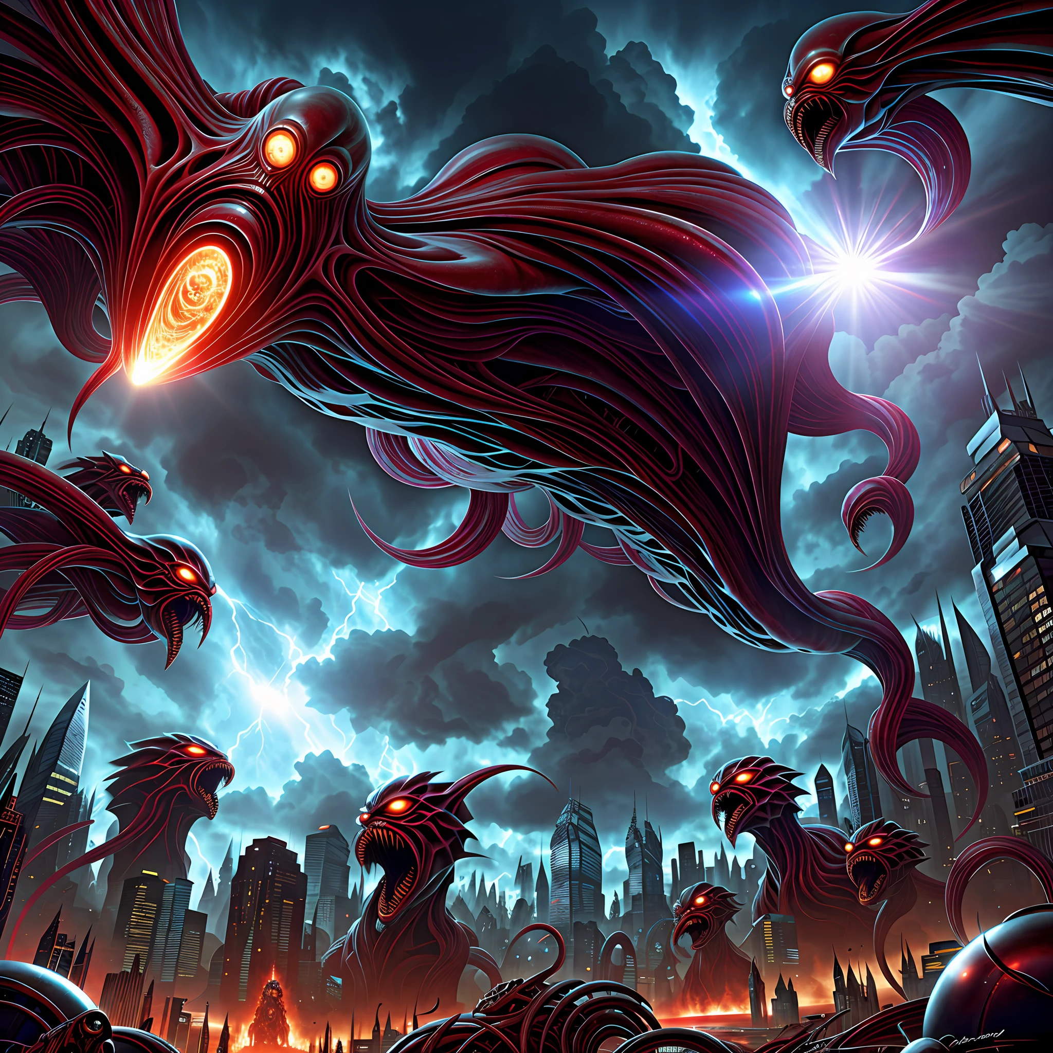 Biomorphic evil creatures attacking a devastated downtown, apocalypse, cosmic explosion in the sky, dramatic, obscure sky, horror art, uhd, digital art, illustration by Ed Repka and Giger, artstation, uhd, unreal engine, line art drawing style.