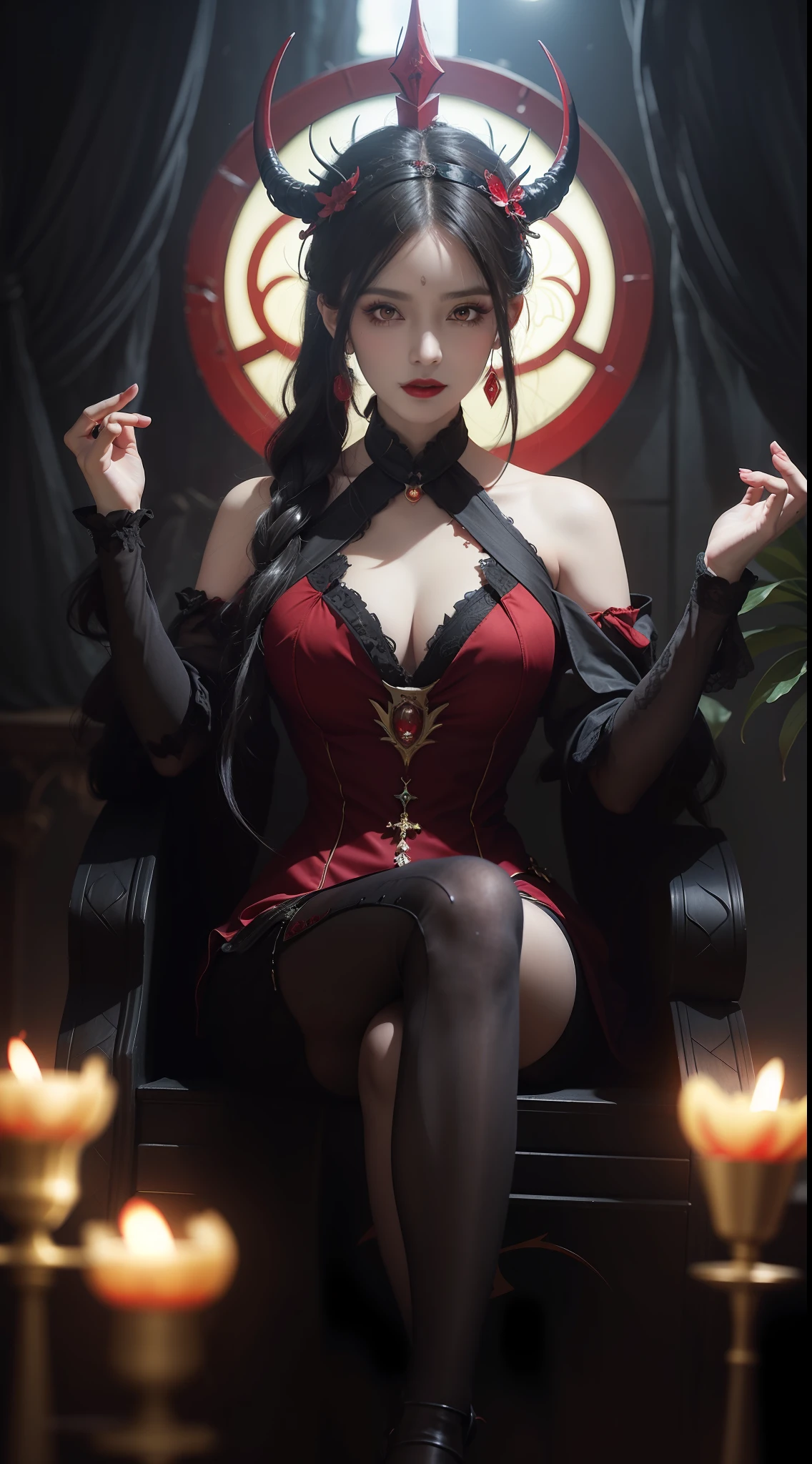 1 beautiful devil woman from hell, In the Dark: 1.6), surreal female portrait by David Hockney and Alphonse Mucha, fantasy art, korea doll, photorealism, dynamic lighting, artstation, poster, volumetric lighting, very detailed faces, 8k ultra, Awarded, in the dark, deep shadow, low key, cowboy lens, (Red phoenix dress: 1.4), long hair, black hair, bust, luxurious palace, Royal style, devil crown, red eyes make up very sharp and detailed, The most beautiful face, big and regular breasts, Super realistic, chinese women's clothing, polo neck sweater, Charming smile, The eyes are very well made up, guweiz, devil style, loong, wearing black mesh socks, 2 bangs braided hair, Red lips, Devil tattoo on shoulder, wearing a thin red and black robe, the landscape is overcast and thunderous, Portrait,