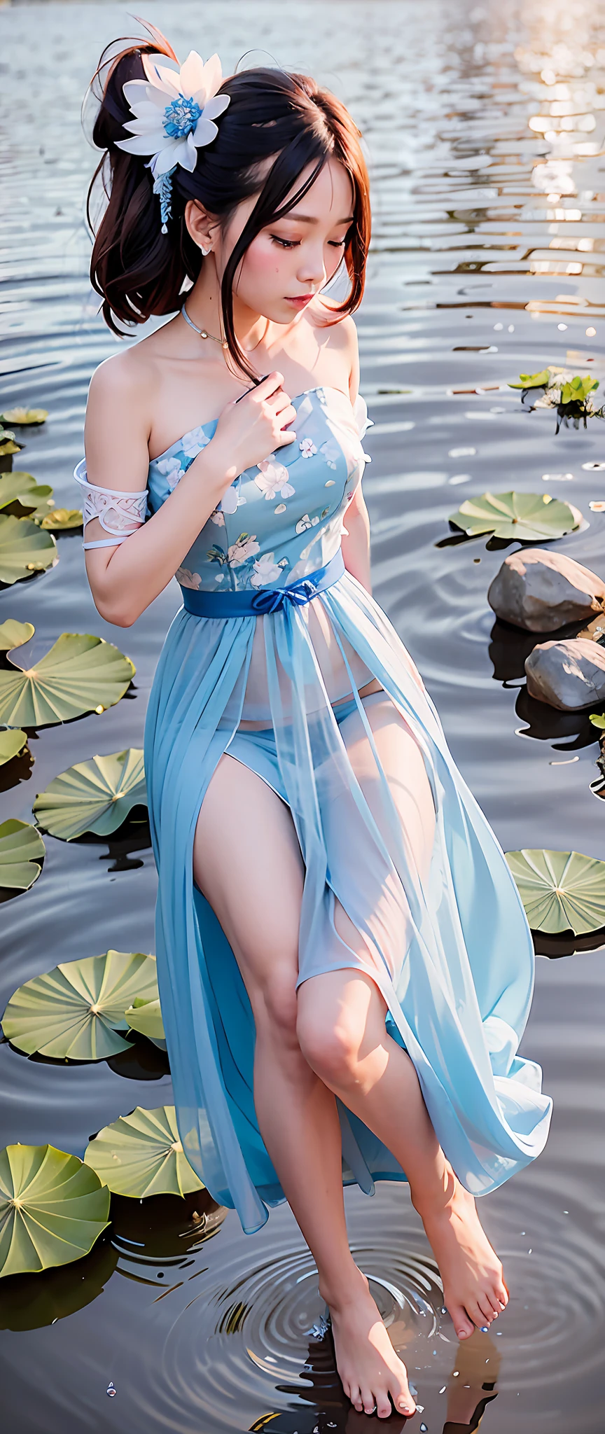 there is a woman in a blue dress sitting on a rock in the water, standing gracefully upon a lotus, ethereal beauty, in a blue qipao, palace , a girl in hanfu, wearing a blue qipao dress, full body xianxia, in a pond, white hanfu, a stunning young ethereal figure, flowing dress, pale blue