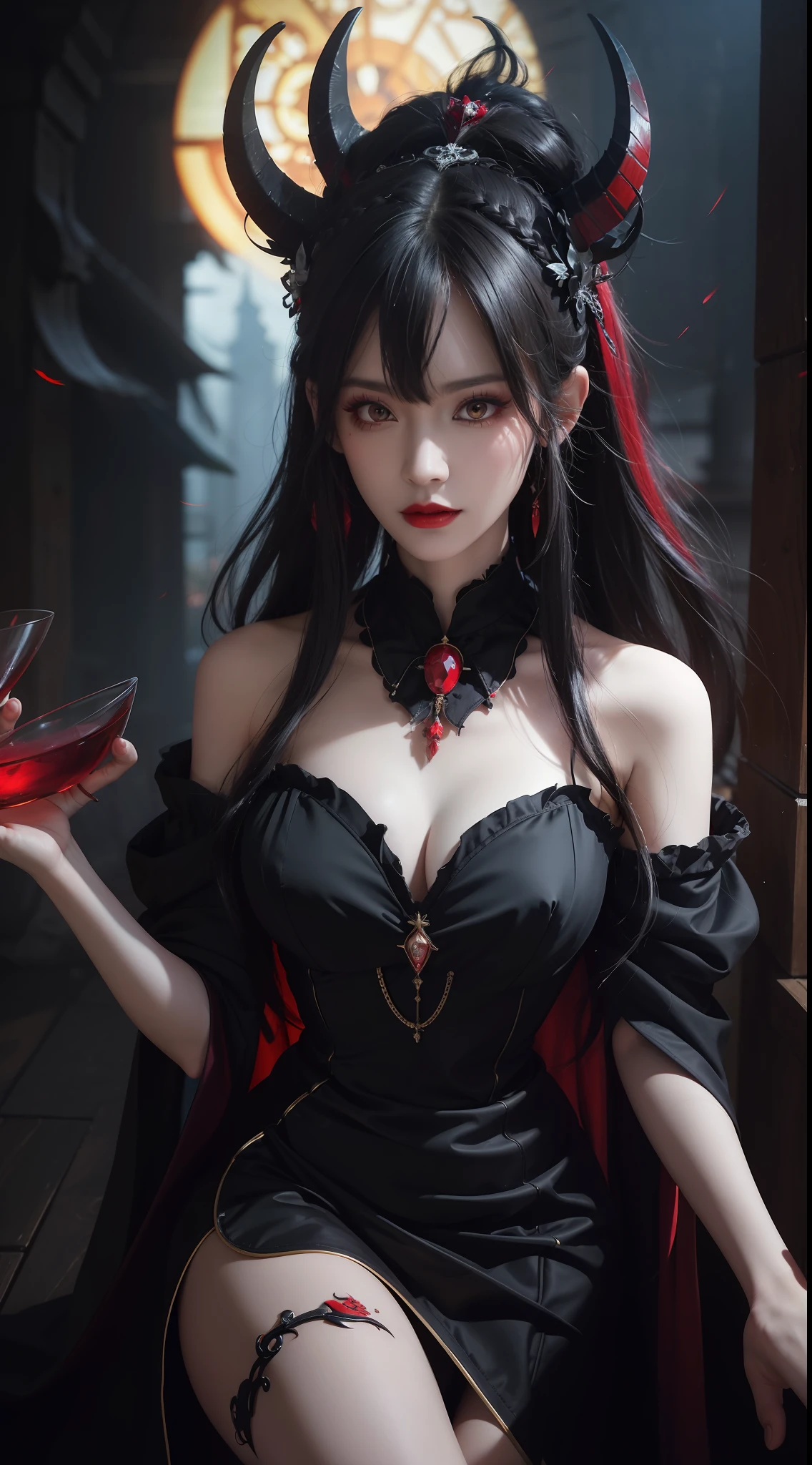 1 beautiful devil woman from hell, In the Dark: 1.6), surreal female portrait by David Hockney and Alphonse Mucha, fantasy art, korea doll, photorealism, dynamic lighting, artstation, poster, volumetric lighting, very detailed faces, 8k ultra, Awarded, in the dark, deep shadow, low key, cowboy lens, (Red phoenix dress: 1.4), long hair, black hair, bust, luxurious palace, Royal style, devil  crown, red eyes make up very sharp and detailed, The most beautiful face, big and regular breasts, Super realistic, chinese women's clothing, polo neck sweater, Charming smile, The eyes are very well made up, guweiz, devil style, loong, wearing black mesh socks, 2 bangs braided hair, Red lips, Devil tattoo on shoulder, wearing a thin red and black robe, the landscape is overcast and thunderous, Portrait,