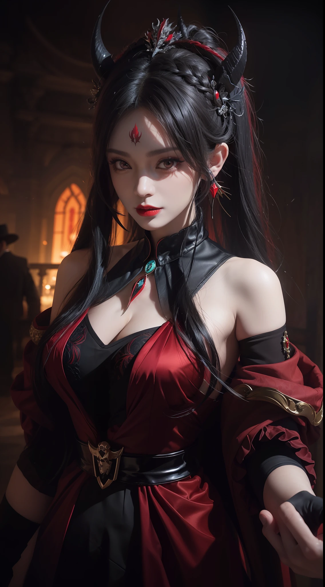 1 beautiful devil woman from hell, In the Dark: 1.6), surreal female portrait by David Hockney and Alphonse Mucha, fantasy art, korea doll, photorealism, dynamic lighting, artstation, poster, volumetric lighting, very detailed faces, 8k ultra, Awarded, in the dark, deep shadow, low key, cowboy lens, (Red phoenix dress: 1.4), long hair, black hair, bust, luxurious palace, Royal style, devil crown, red eyes make up very sharp and detailed, The most beautiful face, big and regular breasts, Super realistic, chinese women's clothing, polo neck sweater, Charming smile, The eyes are very well made up, guweiz, devil style, loong, wearing black mesh socks, 2 bangs braided hair, Red lips, Devil tattoo on shoulder, wearing a thin red and black robe, the landscape is overcast and thunderous, Portrait,