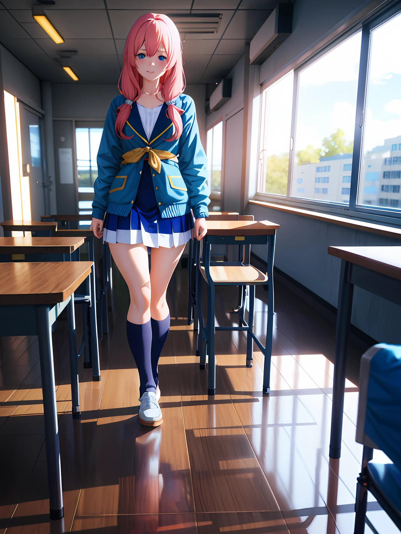 anime girl in a blue jacket and white skirt standing in a cafeteria, realistic anime 3 d style, hyperrealistic schoolgirl, a hyperrealistic schoolgirl, realistic schoolgirl, anime style. 8k, 3 d anime realistic, realistic afternoon lighting, standing in class, anime styled 3d, realistic artstyle, [ 4 k photorealism ]!!, anime vibes