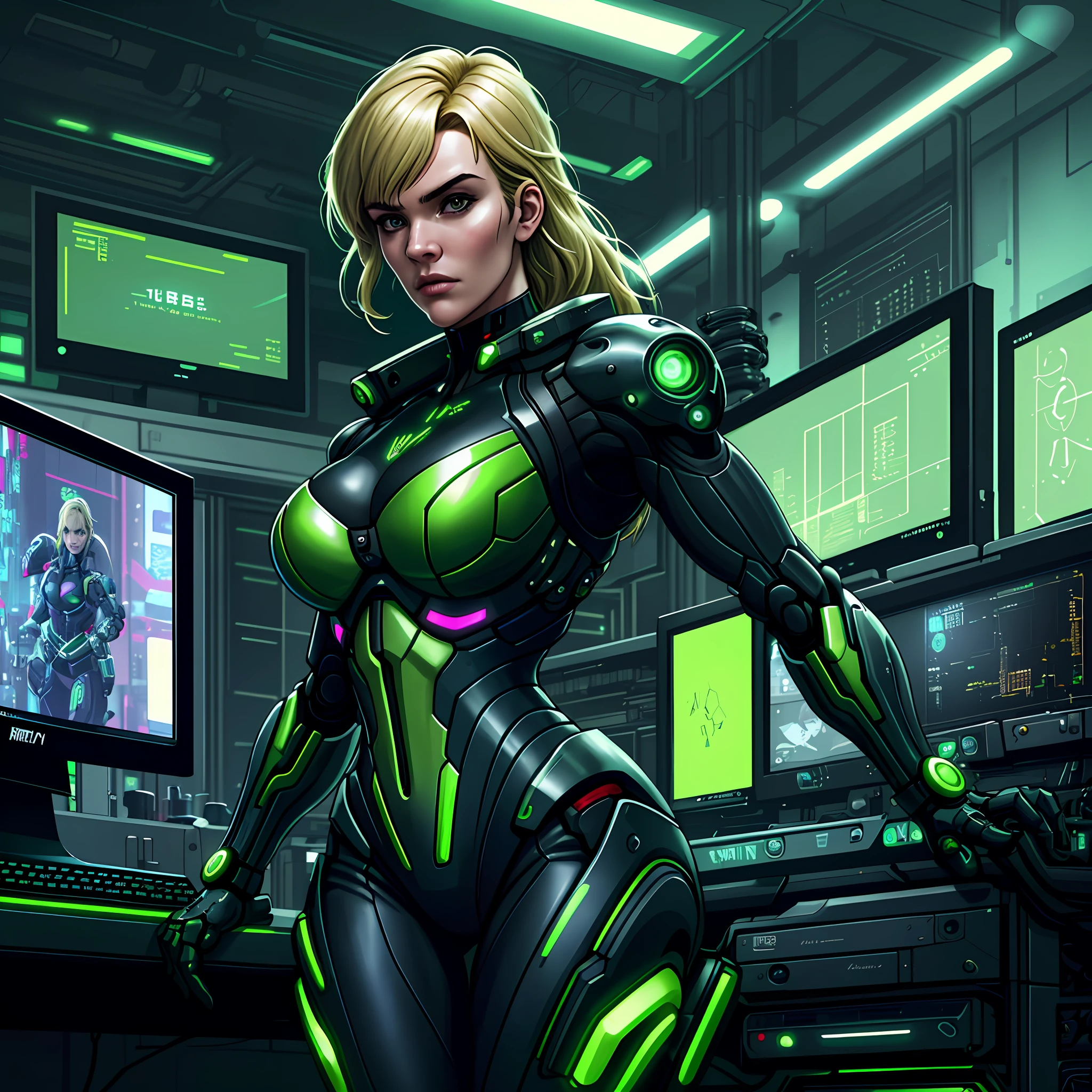 "(green cyberpunk tactical suit:1) (1woman) dark theme :: focus on closeup face, sexy face, :: Kate Winslet's face, medium blonde hair :: bangs :: ultra realistic futuristic scifi cyberpunk agent athletic woman, ((laboratory room background with many computer screens, scifi high tech cyberpunk)) :: cool cybernetic green tactical armor suit :: natural lighting :: bokeh :: 8k :: best quality :: masterpiece :: insanely detailed:1.5"