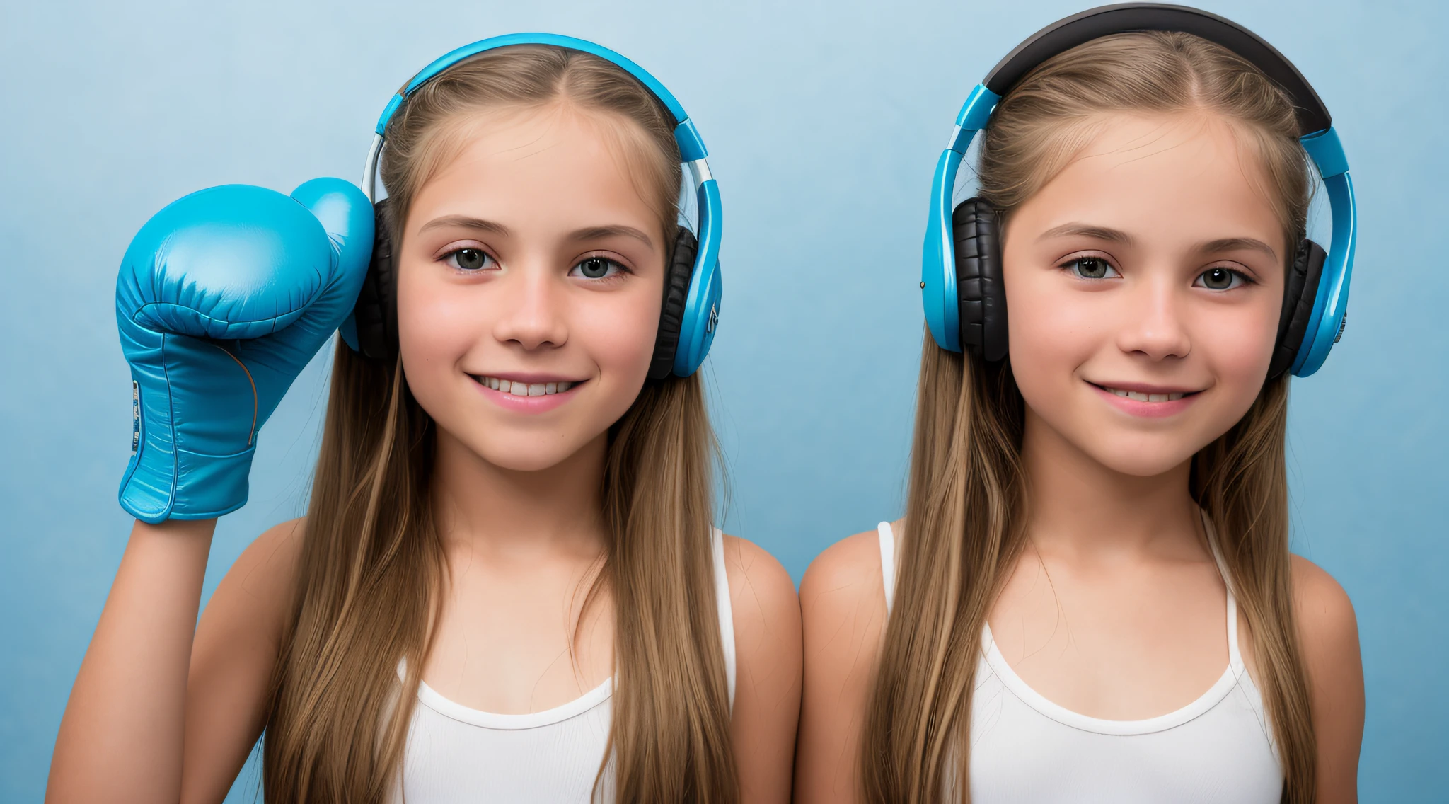 close-up of a hyper-detailed portrait of a BLONDE CHILD WITH LONG STRAIGHT HAIR beautiful, perfect body,teal background, WITH BOXING GLOVES, digital RAW color photo with extremely high details, ((using wireless headphones)), HDR, 8k resolution, smooth, (blur): 1.7, (warm and soft ambient light):1.8, atmosphere, realistic, (volumetric mist):1.6, depth of field, side lighting, photographed on a Kodak box camera