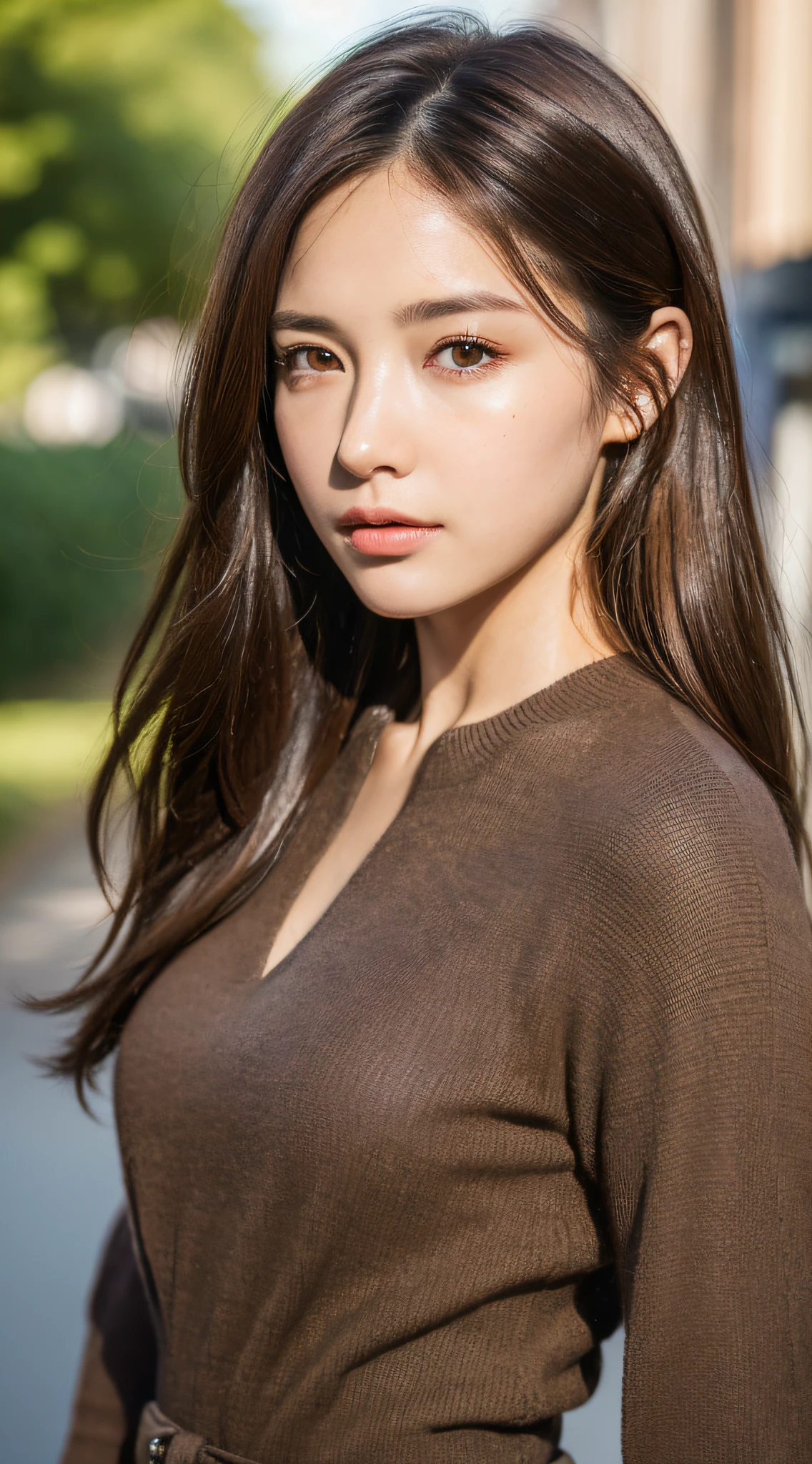 ((top quality, 8k, masterpiece: 1.3)), Sharp Focus: 1.2, Perfect Body Beauty: 1.4, ((Dark Brown Hair, Big: 1.2)), (Natural Light, Street: 1.1), Highly Detailed Face and Skin Texture, Detailed Eyes, Double Eyelids, ((Dynamic Angle))))