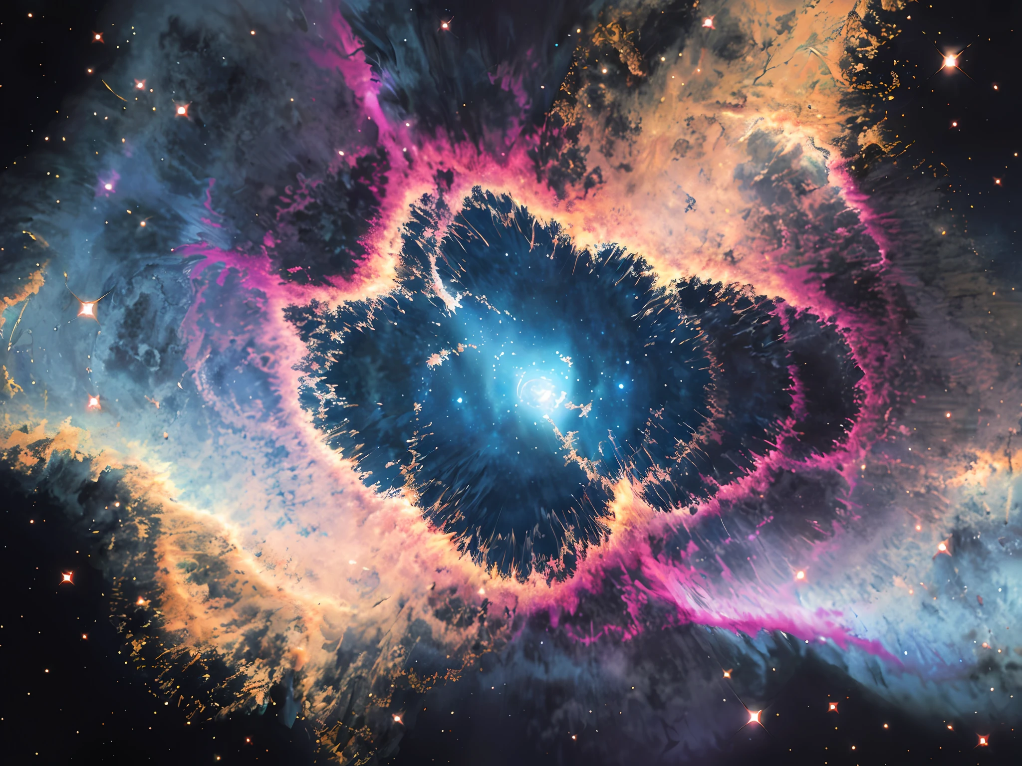 (8k, RAW photo, best quality, highres:1.2), (realistic, photo-realistic:1.37), Caotic Tremble Spiral Galaxy Space Nebula, Water paint, Water paint, Ink, Cosmic Space Background, Intricate Detail, Cinematic Blue Yellowish Lighting, Octane Render, 8K Render, Volumetric Lighting, 4 Dimension Lines, Cosmos, Deep Outer Space, Space, Ethereal, Cosmology, Stardust, Aesthetics, Photography, Ultra Realistic, Wallpaper, Unity, 8K, Masterpiece, Quality of the Beast, (dynamic angle), colorful, chaotic, ultra wide angle, bright white, bright blue, red, orange, cyan, yellow, purple, pink, green, blue, aerial_fireworks, constellation, constellation_print, twilight, dust, halftone_background, light_particles, sparkling wine, starry_background, telescope, twilight, ((black background, dark_background):1.5), Fraunhofer diffraction,