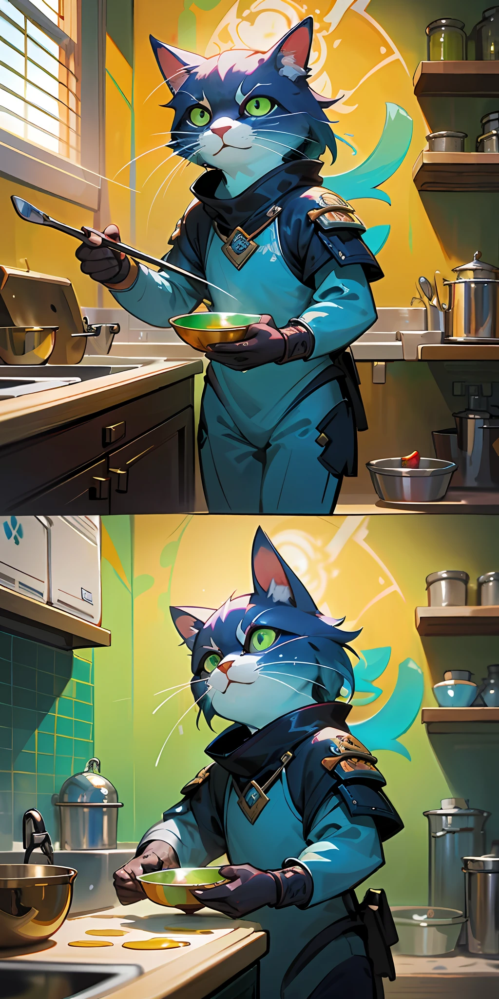 Panorama, A cute cat cooking in the kitchen, Real cat, Anthropomorphic, Perfect anatomy, Centered, Near Perfect, Depth of Field, Highly Detailed, Art Station, Concept Art, Smooth, Sharp Focus, Illustration, Kim Jong-ki's Art, Artgerm, Kahngriffith and Vadim Kashin, Sashayakovleva, Loish, Jeremiman, Full Body Shot, Paint Dripping by Timgangmura, Viktor Nizovtsev, Greg Rutkovsky, Noah Bradley. Artstation trend, 8k, masterpiece, graffiti paint, fine detail, full of color, intricate details, golden ratio illustration, kitchen background background, green eyes