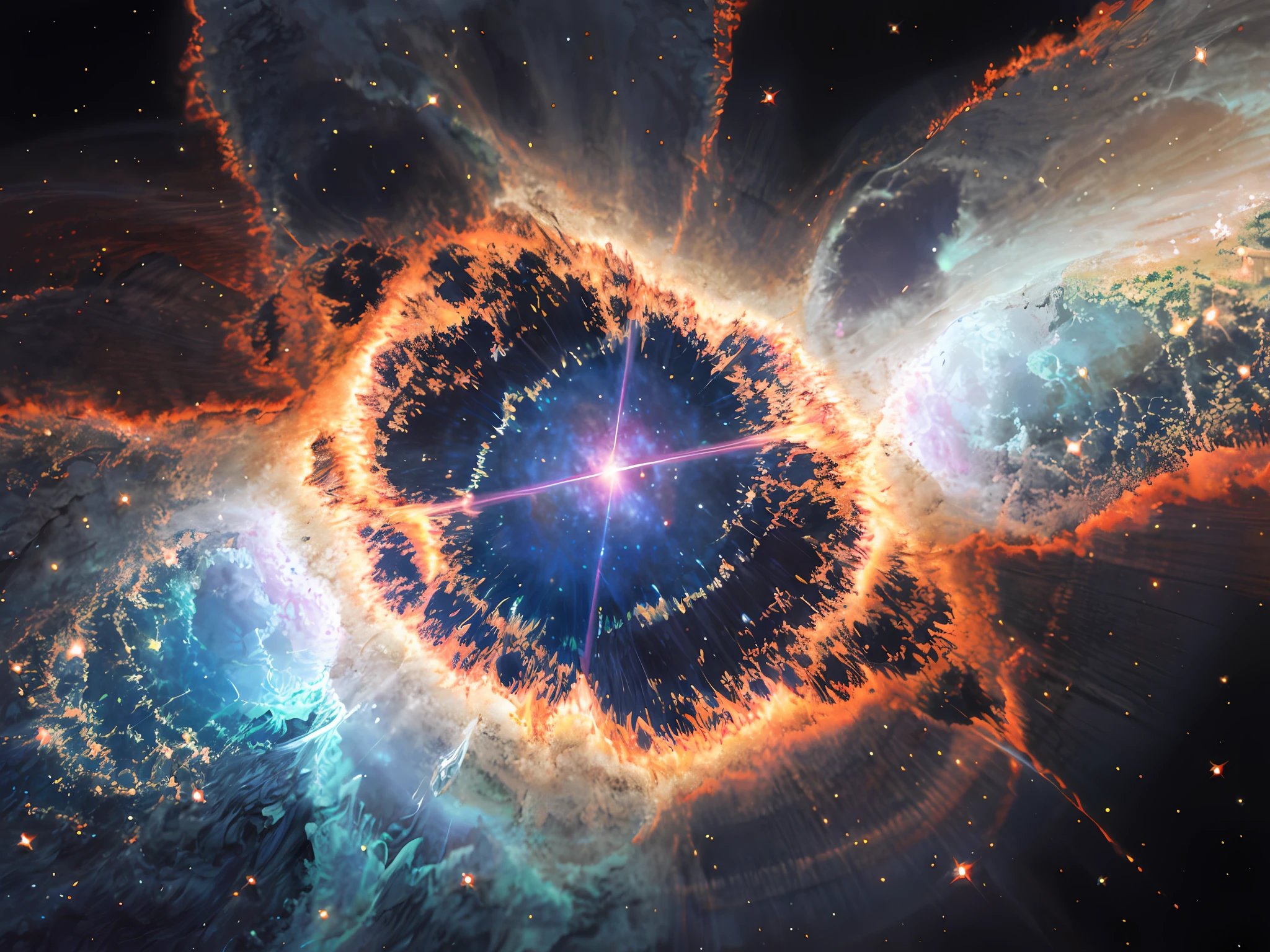 (8k, RAW photo, best quality, highres:1.2), (realistic, photo-realistic:1.37), Caotic Tremble Spiral Galaxy Space Nebula, Water paint, Water paint, Ink, Cosmic Space Background, Intricate Detail, Cinematic Blue Yellowish Lighting, Octane Render, 8K Render, Volumetric Lighting, 4 Dimension Lines, Cosmos, Deep Outer Space, Space, Ethereal, Cosmology, Stardust, Aesthetics, Photography, Ultra Realistic, Wallpaper,  Unity, 8K, Masterpiece, Quality of the Beast, (dynamic angle), colorful, chaotic, ultra wide angle, bright white, bright blue, red, orange, cyan, yellow, purple, pink, green, blue, aerial_fireworks, constellation, constellation_print, twilight, dust, halftone_background, light_particles, sparkling wine, starry_background, telescope, twilight, ((black background, dark_background):1.5), Fraunhofer diffraction,