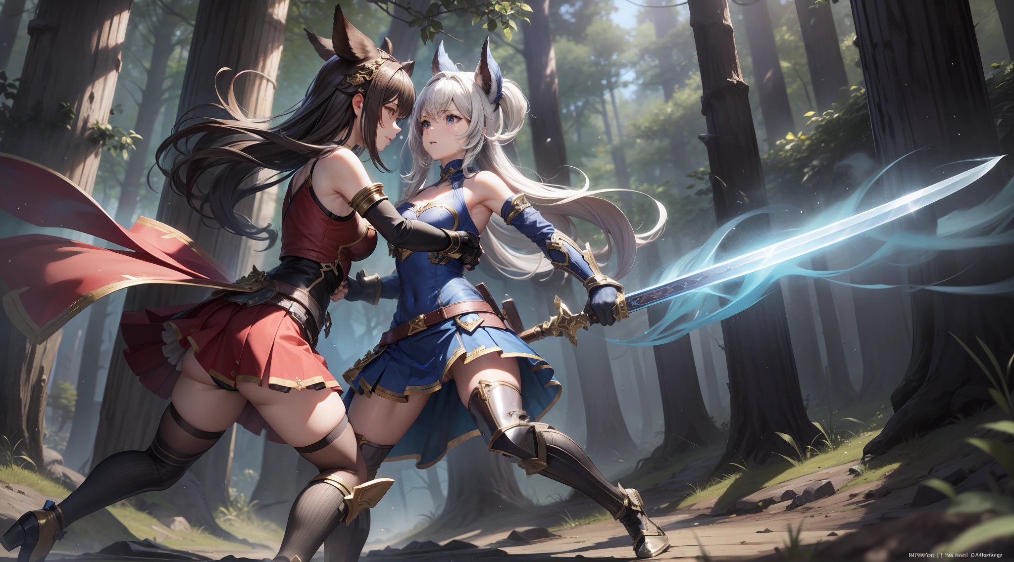 full body shot from head to feet, two female from granblue fantasy looking each other, fighting with short sword clashing, intense death match battle until one of them killed. They have different hairstyle, different expression, proper and detailed face, with correct anatomy. They are wearing different dress armor, detached sleeves, long gloves, short skirt, thigh high, and shoes. Setting at lush forest.