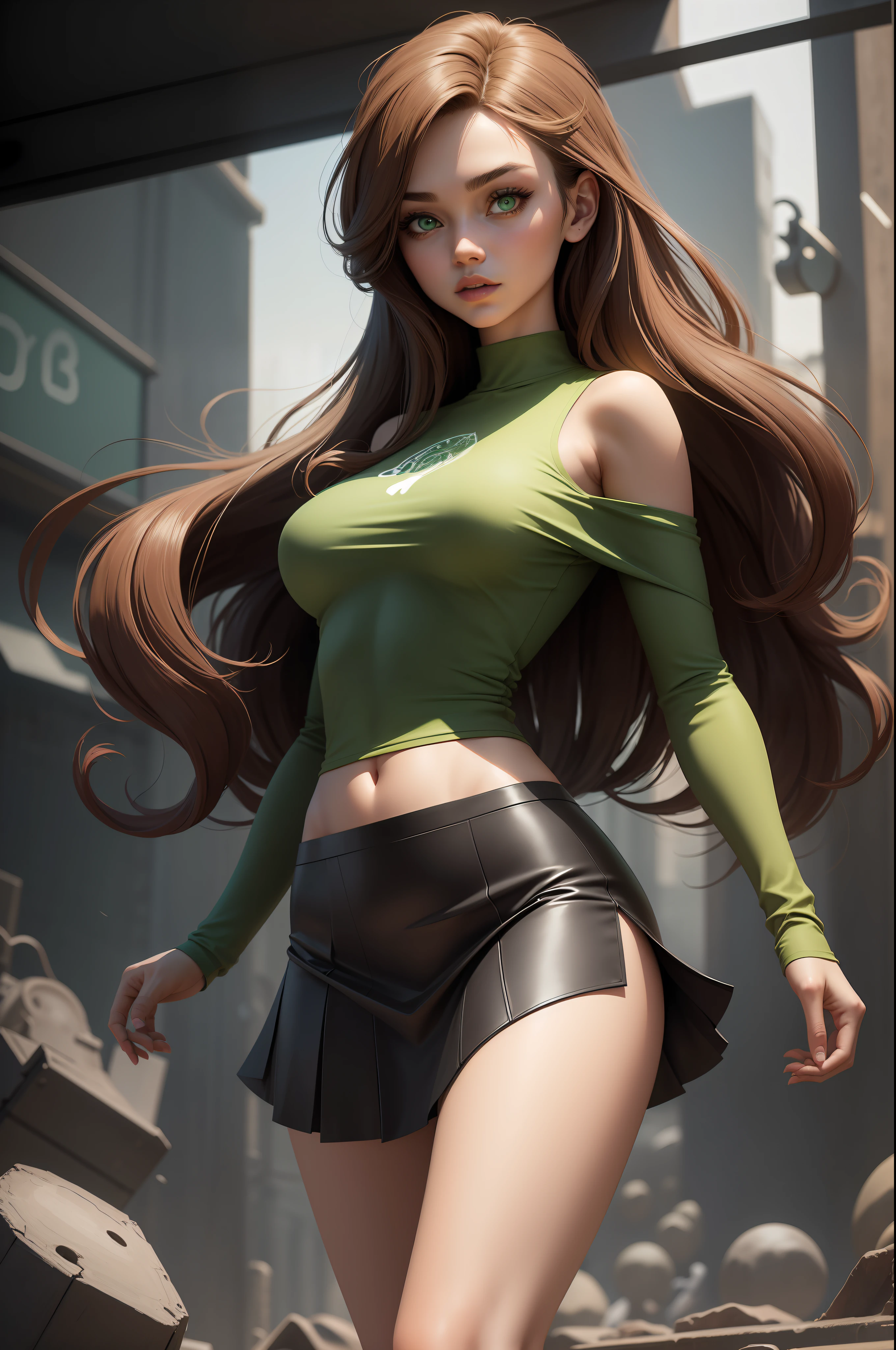 mj3d style,3dmm,3d, (22 years old woman), medium breast, small waist, brown flowing hair glamour, (green glowing eyes), beautiful face, perfect illumination, beautiful detailed eyes, looking at viewer, stunningly beautiful woman, detailed hairstyle, detailed background, (industrial area with dead zombies), (apocalyptic), ((wearing flowing skirt and over-sized shirt with shoulders showing)), shiny skin, (nice leg line:1.3) BREAK thighs, thinness, high-tops, thigh socks, BREAK Pathway, depth, looking at viewer, (walking towards viewer, upper body, full body shot),