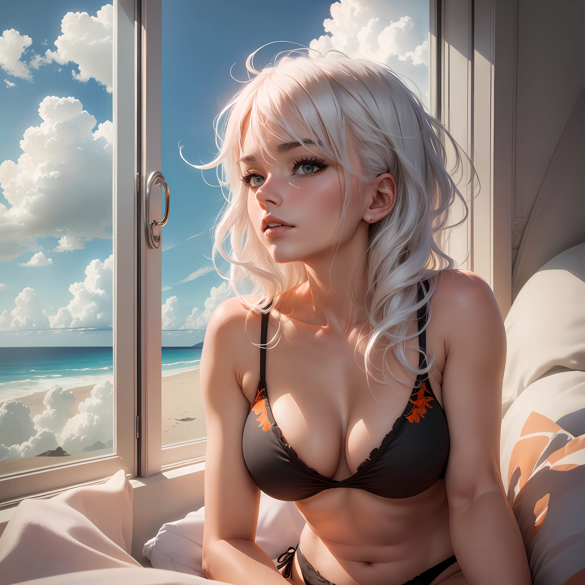 Woman, sitting on the bed, facing a window, beautiful beach, sky full of clouds, (((full of details)))), ultra HD, totally realistic, (((best quality)))), she in black and orange bikini, hair bangs, white hair, pink cheek, fine features, beautiful breasts, (((arms squeezing breasts)), (((seen from the front))), from the waist up,
