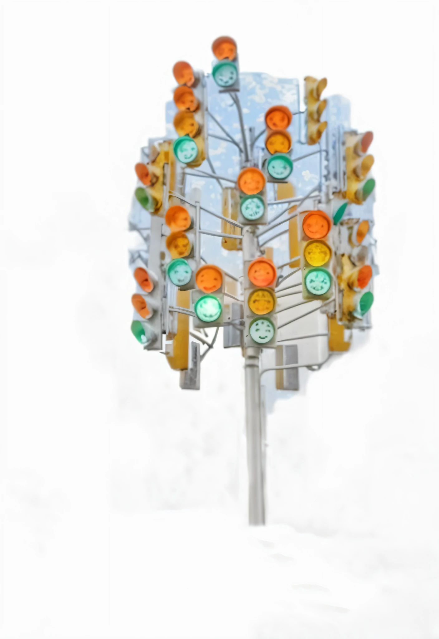 there is a drawing of a traffic light with a tree on it, traffic light on, traffic lights, traffic light, lonely!! stop light glowing, album art, complex lights, multiple lights, cycles4d render, horns with indicator lights, lights on, without background, lots of lights, bottom - view, by Konrad Witz, video still