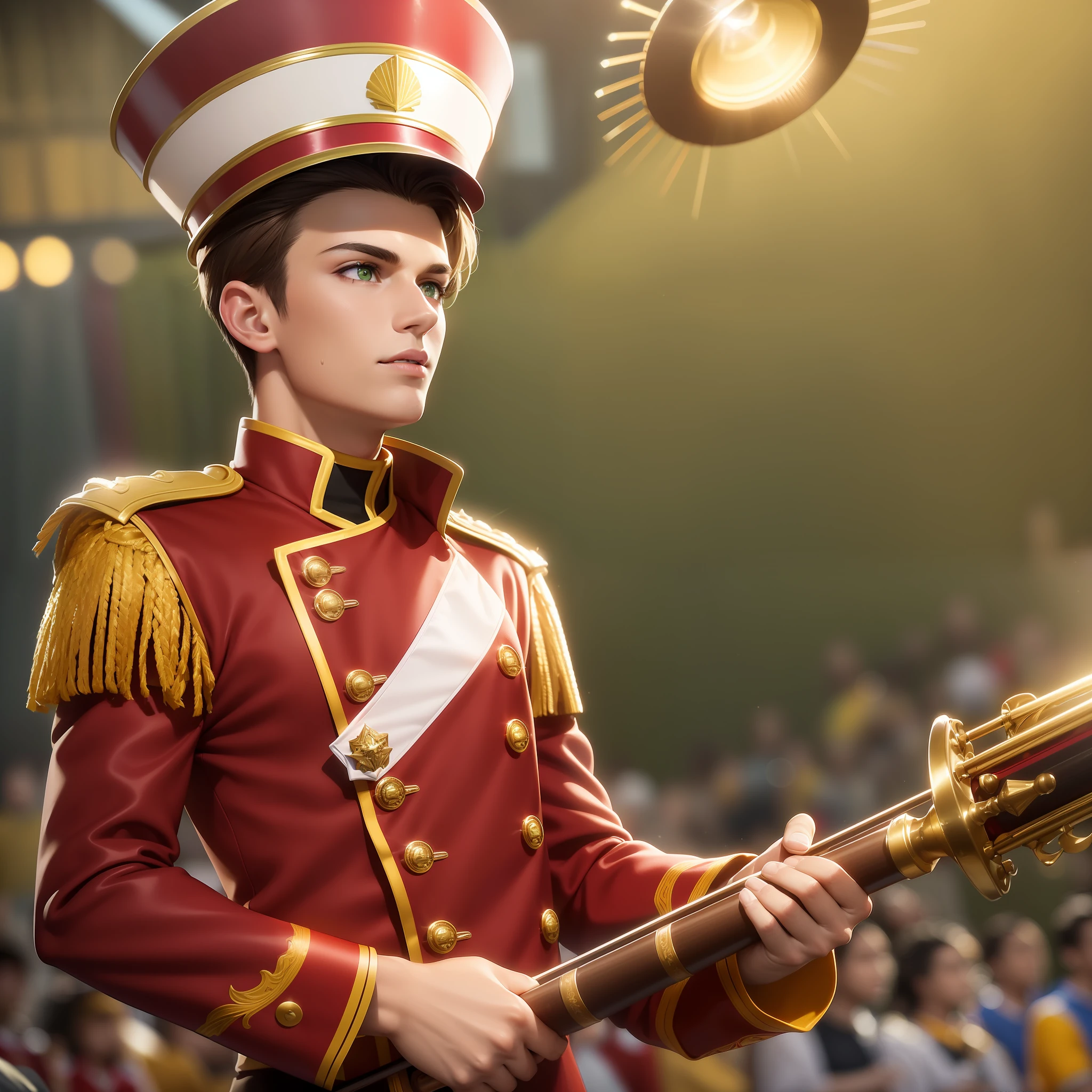 (dramatic illumination, dynamic angle, intense color contrast), (a young man with brown hair, tanned skin, and green eyes:1.2), (holding staff), (wearing red white and yellow marching band costume with shako:1.1), (outside sports arena), (bright spotlight, lively music)