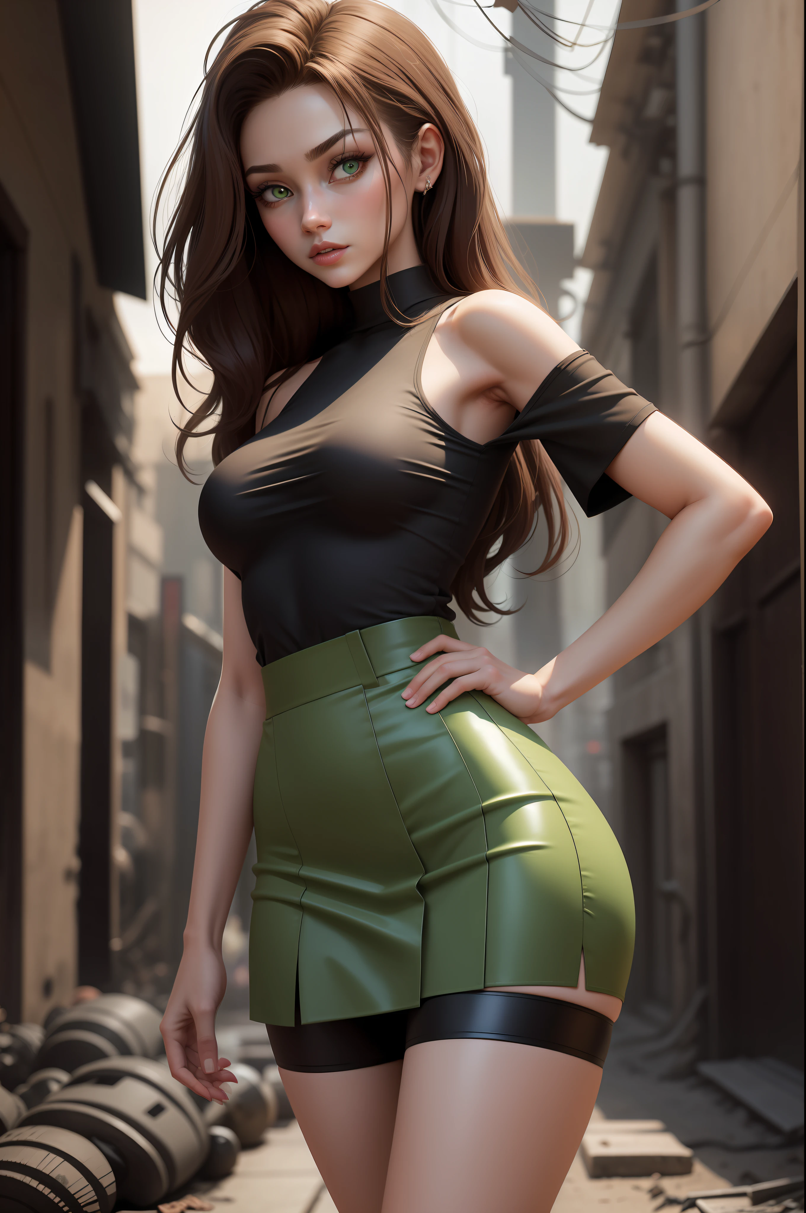 mj3d style,3dmm,3d, (22 years old woman), medium breast, small waist, brown flowing hair glamour, (green glowing eyes), beautiful face, perfect illumination, beautiful detailed eyes, looking at viewer, stunningly beautiful woman, detailed hairstyle, detailed background, (industrial area with dead zombies), (apocalyptic), ((wearing flowing skirt and over-sized shirt with shoulders showing)), shiny skin, (nice leg line:1.3) BREAK thighs, thinness, high-tops, thigh socks, BREAK Pathway, depth, looking at viewer, (walking towards viewer, upper body, full body shot),