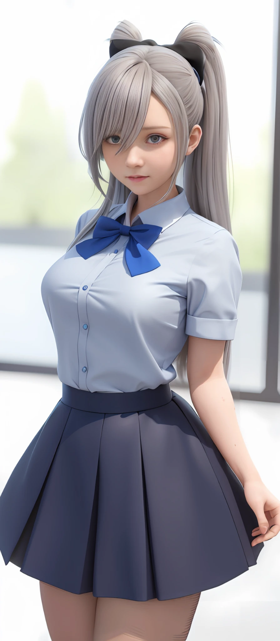 anime girl with long gray hair and blue bow tie posing, hyperrealistic schoolgirl, smooth anime cg art, realistic schoolgirl, a hyperrealistic schoolgirl, kantai collection style, realistic anime 3 d style, photorealistic anime girl render, beautiful anime high school girl, anime styled 3d, realistic anime artstyle, anime realism style, fine details. girls frontline