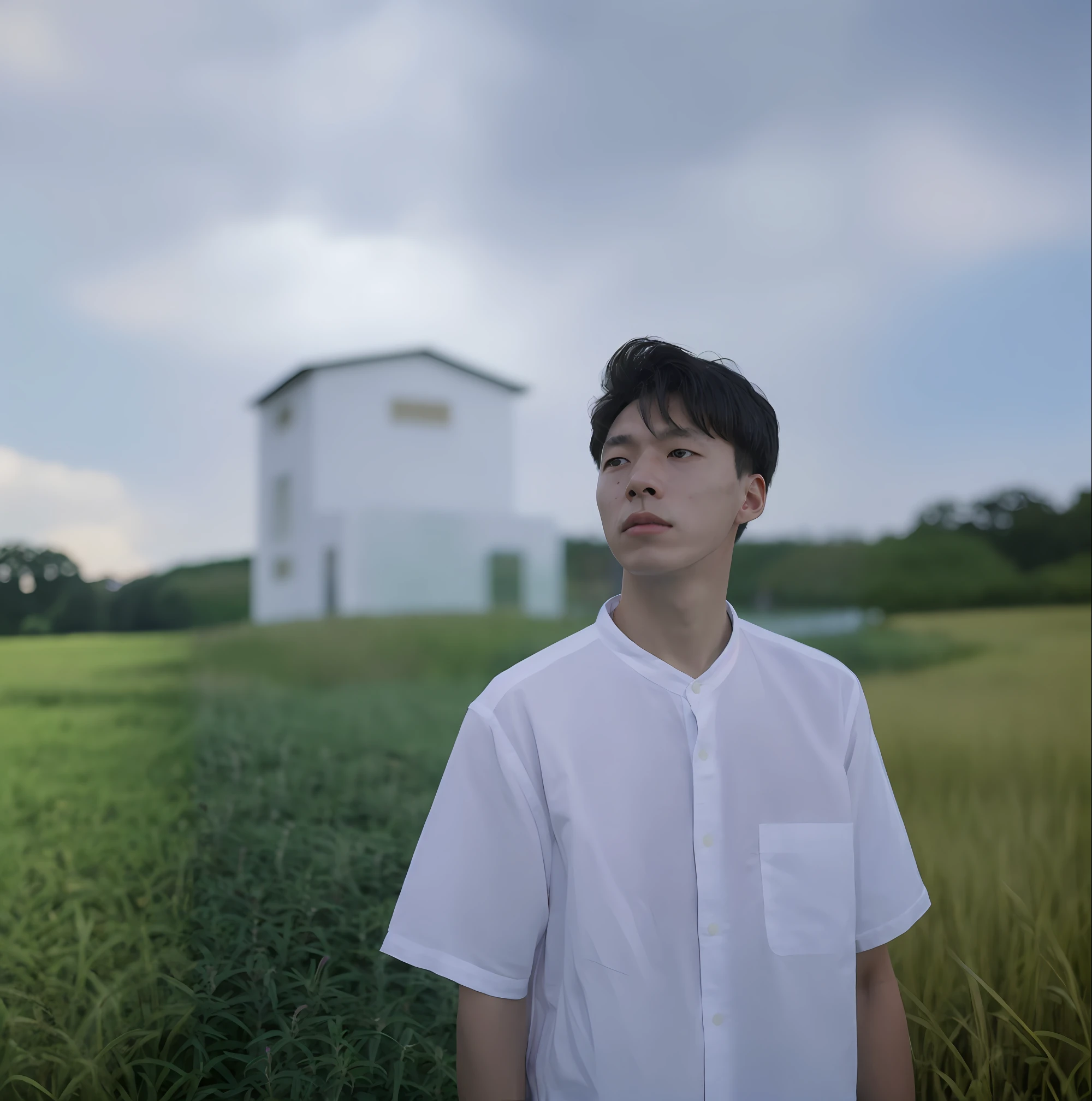 there is a man standing in a field of tall grass, still from a live action movie, taken with sony alpha 9, shinji, taken with canon 5d mk4, mid shot portrait, shot with sony alpha, standing outside a house, korean artist, shin jeongho, taken with canon eos 5 d, taken with canon eos 5 d mark iv