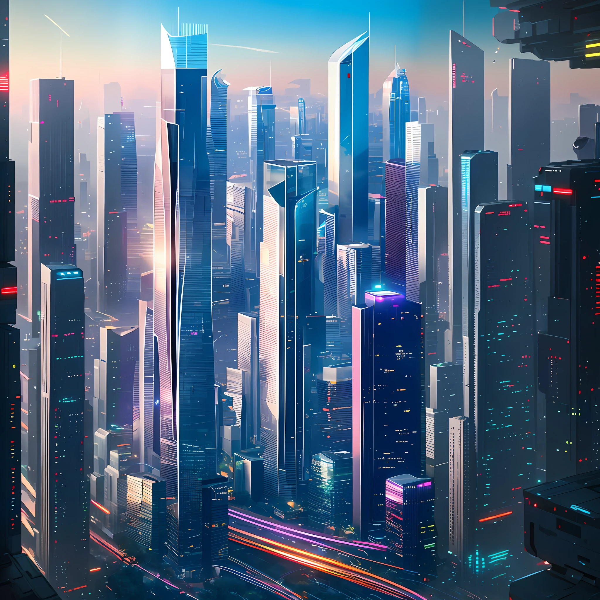 Futuristic cyberpunk city background, high-rise buildings, heavy traffic, futuristic cityscape, 8K vertical wallpaper, 3D rendering Beeple, surreal visual effects.