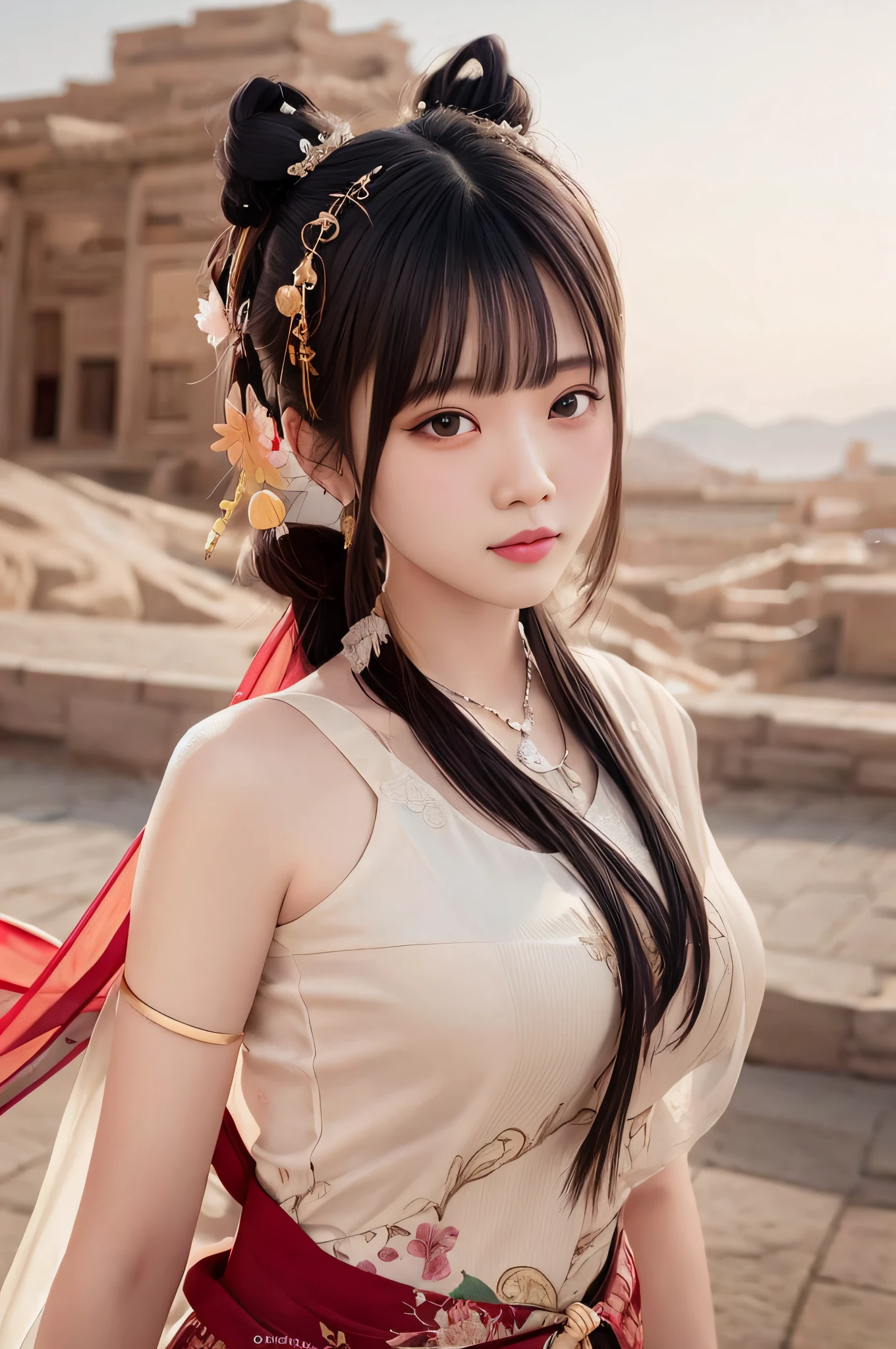 best quality, super detailed, masterpiece, fine detail, high resolution, 8k wallpaper, realistic details, clothing details, skin details, photoshop \ (medium), slim body, 1 girl, 22 years old, beautiful eyes, real skin, thin face, bangs, medium hair, black hair, blunt bangs, extra large breasts, distant mountains, sky, (ulzzang-6500-v1.1:0.5), dunhuang_cloths,dunhuang_ style,dunhuang_background,dunhuang_dress,dunhuang_fan,