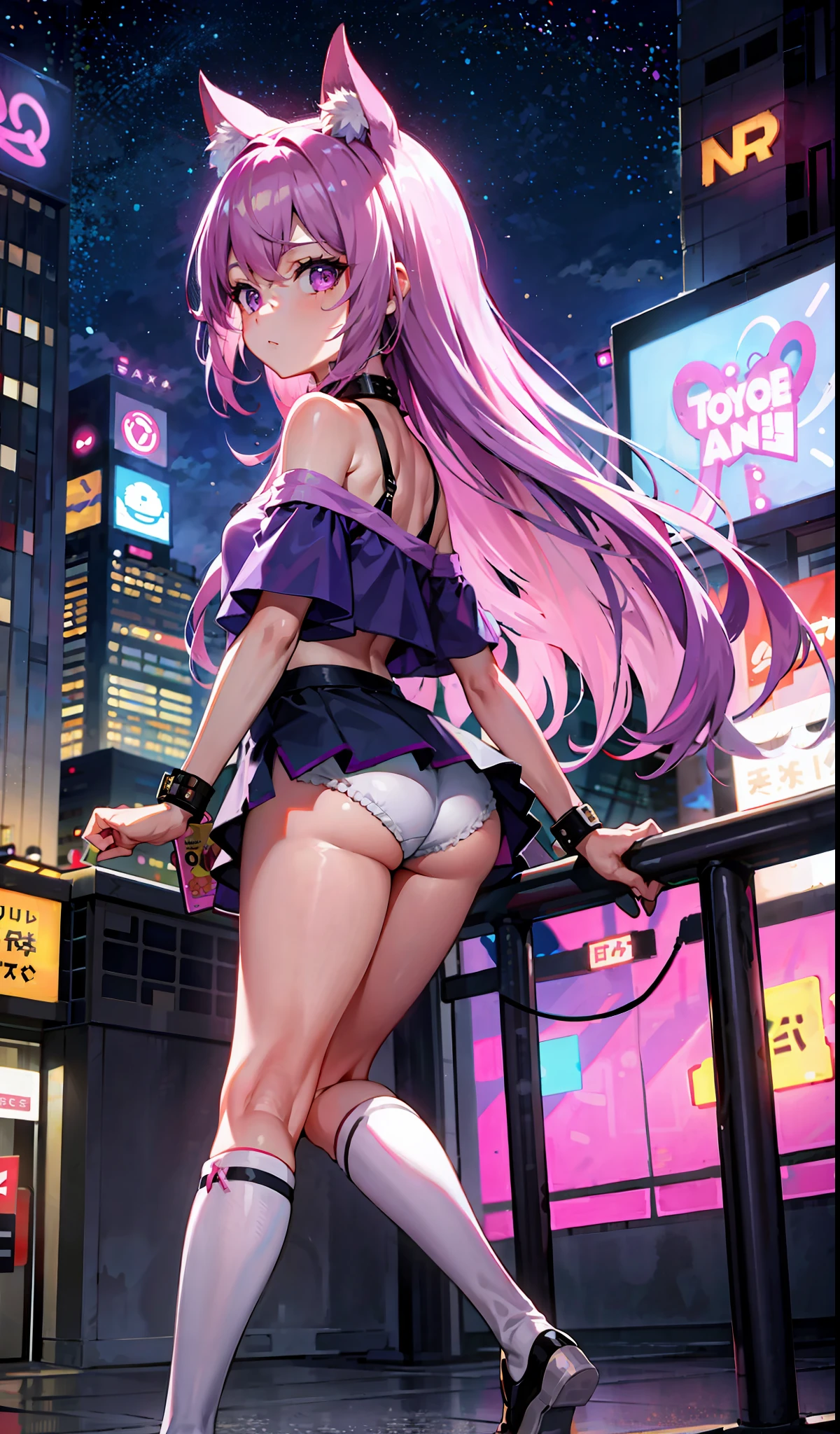 Masterpiece, Superb 1girl, pink purple hair, purple eyes, long hair, (small breasts), standing street, (three-point collar T-shirt), vacuum, white hot pants, off-the-shoulder, front view, standing, city night view, neon lights, background Tokyo street, taxi, dating, shyness, headwear, leg rings, over-the-knee socks, back of hands