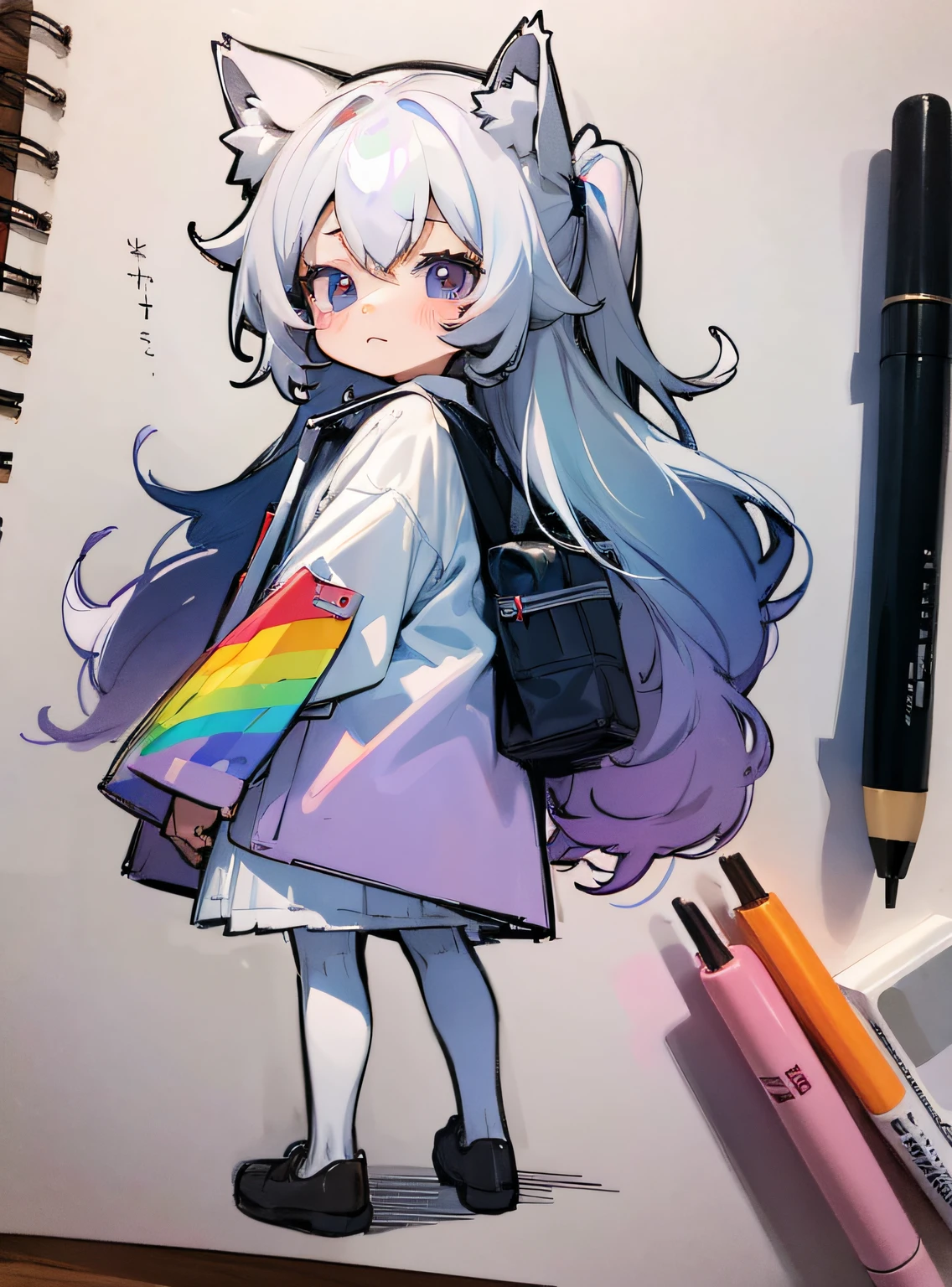 Pencil Sketch, (Sketch: 1.25), Lori, Little Girl, Best Quality, From Back, Graphite \\ (Medium \\), Sk, Gradient, Animal Ears, Rainbow, Pen, Pencil, Notes, White Hair, Long Hair, High Resolution, Absurd, Full Body, (Ultra Detail: 1.1025), (Illustration: 1.1025), (Infographic: 1.2), Lori, Pajamas, Little Girl, Patent Drawings, Physical Measurements, (All Clothes Configurations: 1.15), Stationery, (Solo), Perfectly Drawn Hands, Standing, Cohesive Background, (Character Sheet), Thin, Full Body, White T-shirt, White Pantyhose, Transparent, Clear Silhouette, Wet, Blush, Naughty Face, Spring, Sideways, Looking at the Viewer