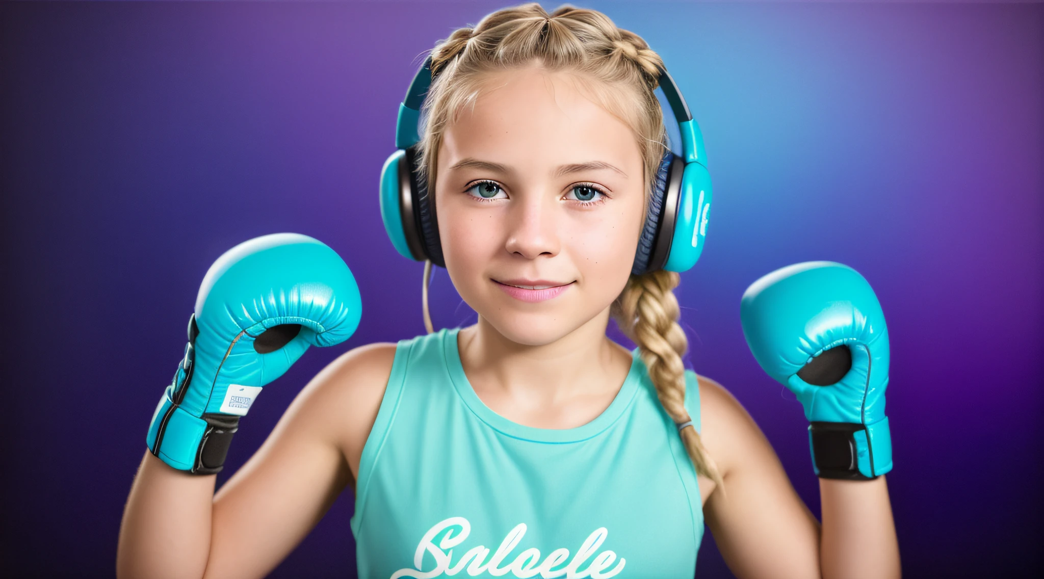 close-up of a hyper-detailed portrait of a BLONDE CHILD WITH HAIR IN BRAIDS 10 YEARS OLD beautiful, perfect body, teal background, WITH BOXING GLOVES, digital RAW color photo with extremely high details, ((using wireless headphones)), HDR, 8k resolution, smooth, (blur): 1.7, (warm and soft ambient light):1.8, atmosphere, realistic, (volumetric mist):1.6, depth of field, side lighting, photographed on a Kodak box camera