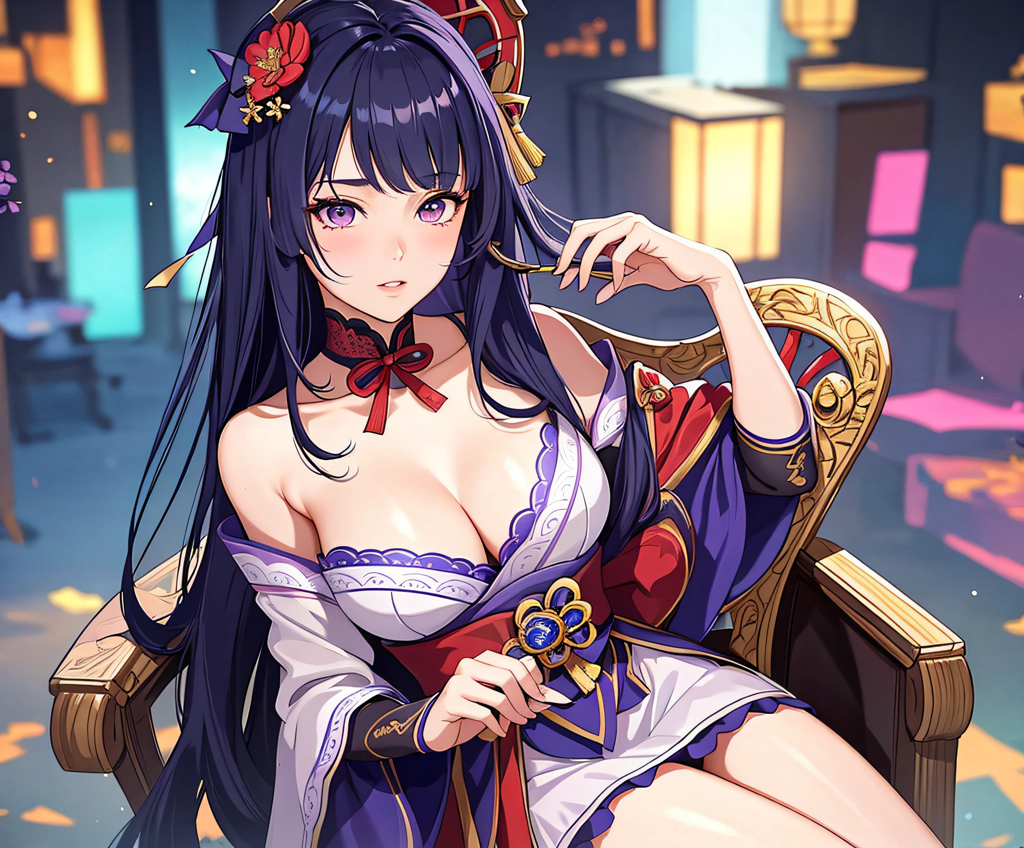 .masterpiece:1.2, best quality), realistic, (real picture, intricate details, depth of field), (1girl, solo), make up, parted lips, highly-detailed, perfect face, (skindentation), glossy coral lips, (A girl sitting on a queen chair), blushing, Raiden Ei (Raiden shougn) from genshin impact,high-detailed hands