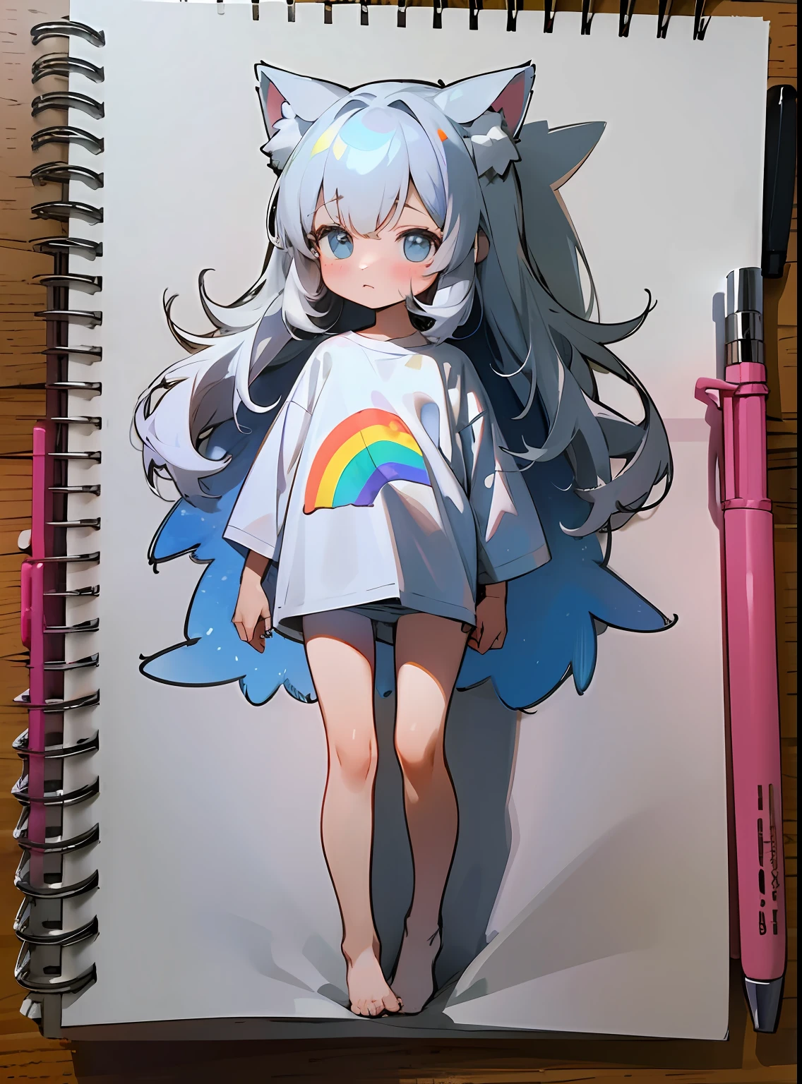 Pencil Sketch, (Sketch: 1.25), Lori, Little Girl, Best Quality, From Back, Graphite \\ (Medium \\), Sk, Gradient, Animal Ears, Rainbow, Pen, Pencil, Notes, White Hair, Long Hair, High Resolution, Absurd, Full Body, (Ultra Detail: 1.1025), (Illustration: 1.1025), (Infographic: 1.2), Lori, Pajamas, Little Girl, Patent Drawings, Physical Measurements, (All Clothes Configurations: 1.15), Stationery, (Solo), Perfectly Drawn Hands, Standing, Cohesive Background, (Character Sheet), Thin, Full Body, White T-shirt, White Pantyhose, Transparent, Clear Silhouette, Wet, Blush, Naughty Face, Spring, Sideways, Looking at the Viewer