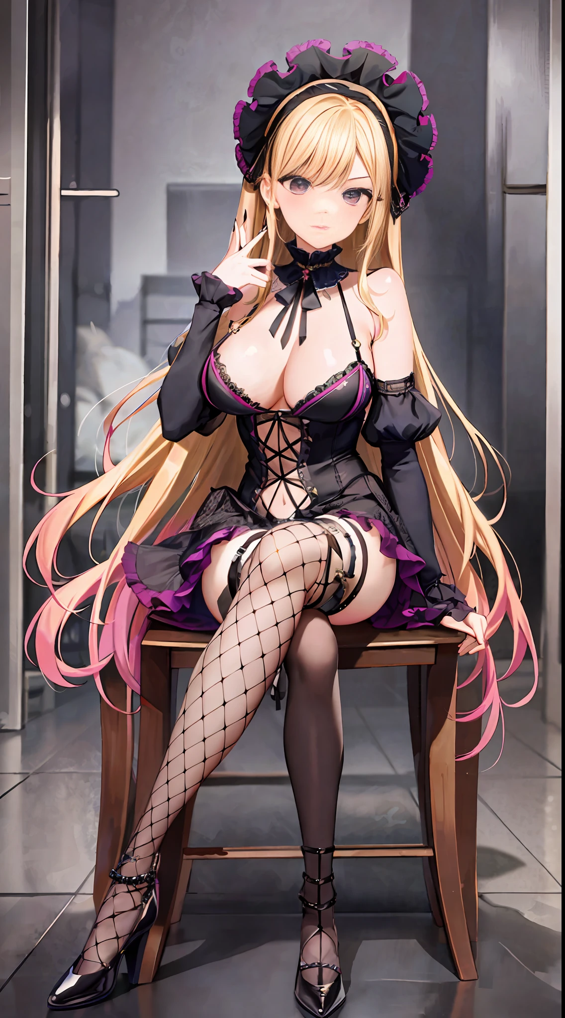 masterpiece,highres, high quality, 1girl, solo, Marin kitagawa, cosplay, long hair, blonde hair, gothic dress, goth makeup, breasts, nipple, breasts out, chair, sitting, look fluffy and loveless, eyeshadows goth, fishnet pants, boots