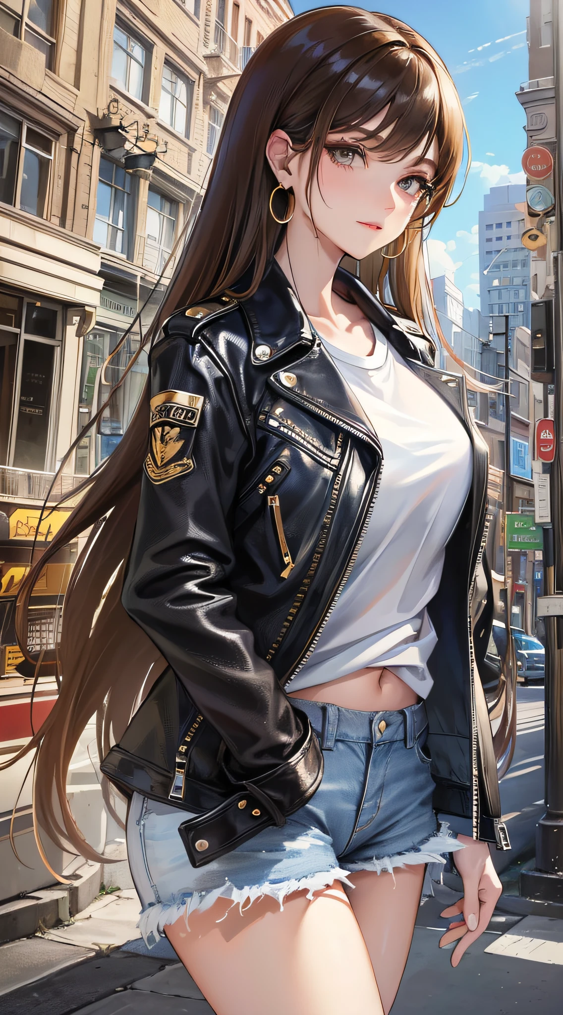 Highly detailed, High Quality, masterpiece, 1woman, standing upright, (casual wear:1.1), white T-shirt, blue jeans, sneakers, black leather jacket draped over the shoulders, (accessories:1.2), gold hoop earrings, brown leather watch, natural makeup, slight smile, arms crossed in front of her, (cityscape:0.9), buildings and people in the background, outdoors, sunny day.