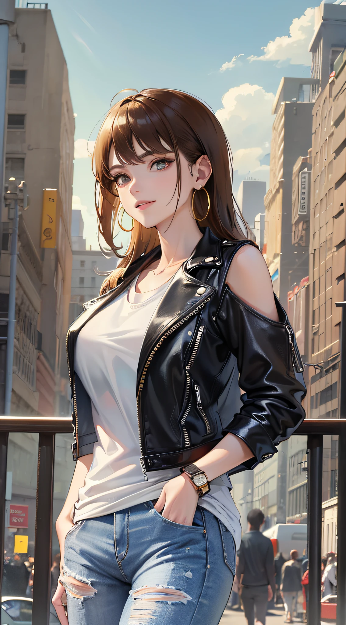 Highly detailed, High Quality, masterpiece, 1woman, standing upright, (casual wear:1.1), white T-shirt, blue jeans, sneakers, black leather jacket draped over the shoulders, (accessories:1.2), gold hoop earrings, brown leather watch, natural makeup, slight smile, arms crossed in front of her, (cityscape:0.9), buildings and people in the background, outdoors, sunny day.