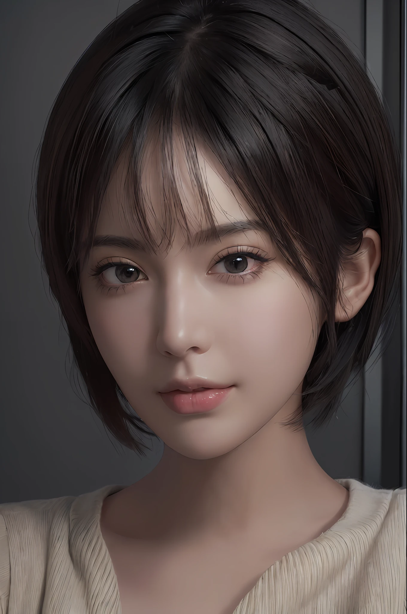 (masterpiece:1.3), (8k, photorealistic, RAW photo, best quality: 1.4), (1girl), beautiful face, (realistic face), (black hair, short hair:1.3), beautiful hairstyle, realistic eyes, beautiful detailed eyes, (realistic skin), beautiful skin, (sweater), absurdres, attractive, ultra high res, ultra realistic, highly detailed, golden ratio