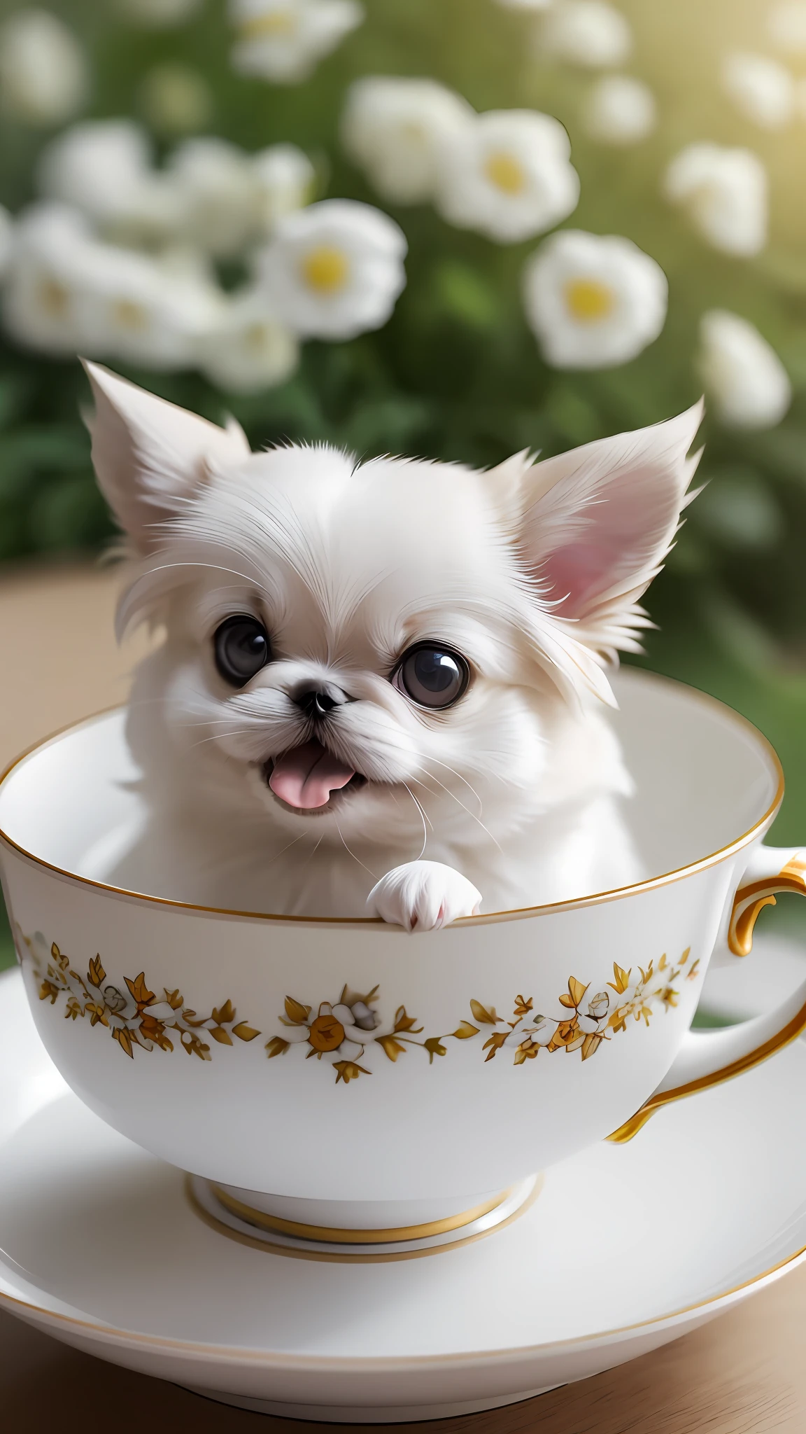 A small white Pekingese Chihuahuahua in a teacup in a sunny room sticks out her tongue and wears a ribbon, shot with Sony Alpha 9, Bella, puppies, nuggets, shot with Canon 8 0 d, shot with Canon EOS 5 d Mark IV, cute dog, shot with Canon 5d mk4, shot with Sony A7r camera, shot with Canon EOS R 6, octa 8k,
