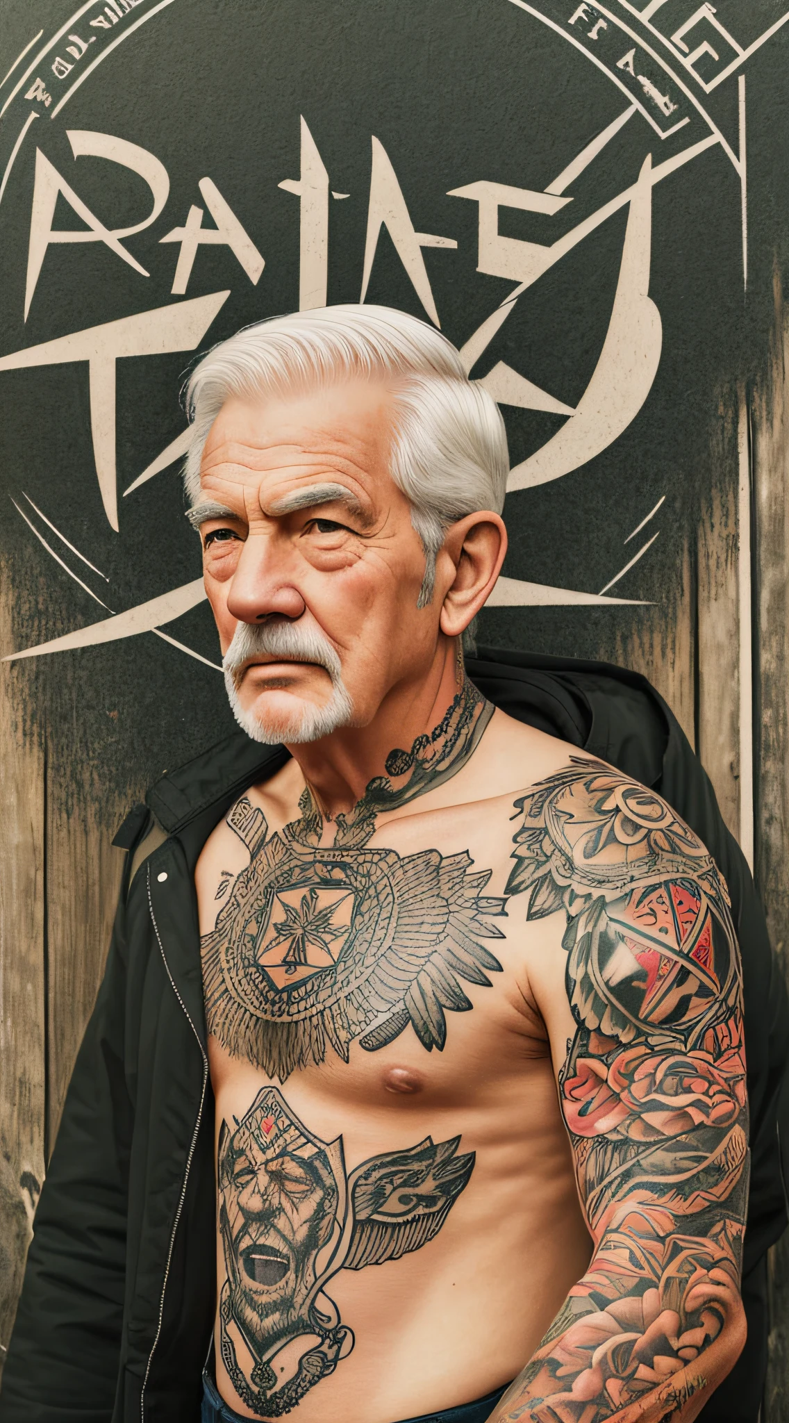 Masterpiece, Excellent, Illustration, Old Man, Male, Fine Face, Tattoo on Left Hand, Tattoo Shop, Found Casual,