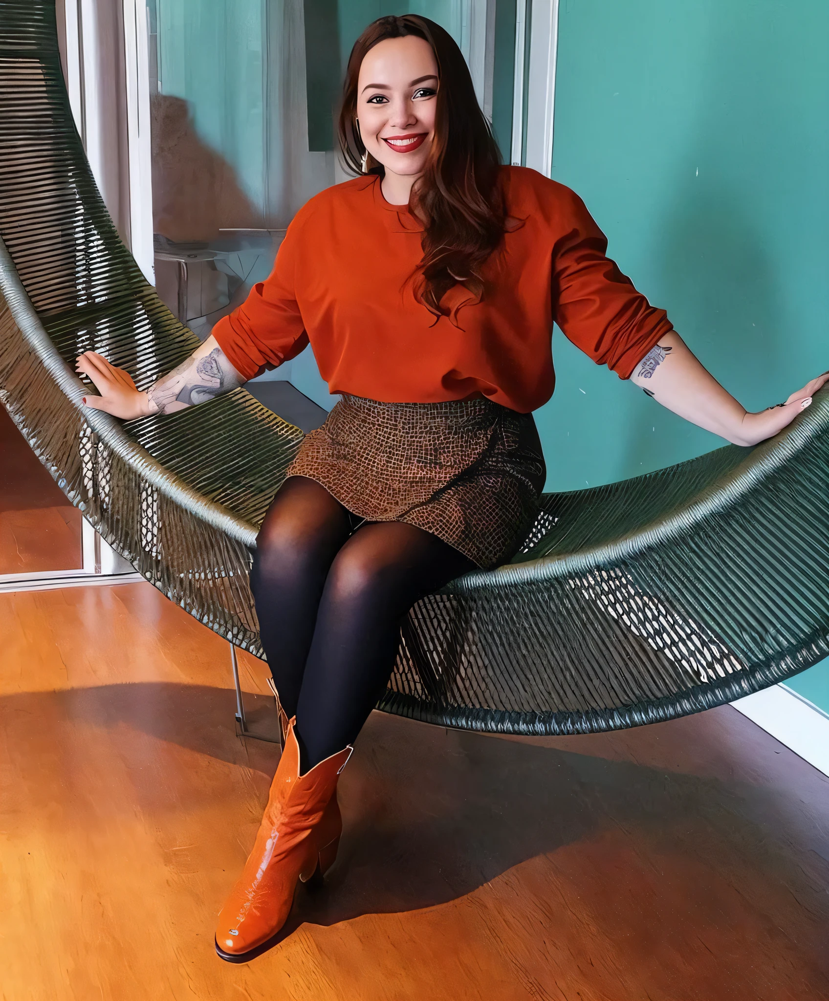 woman sitting in a chair with her arms out and smiling, 🦩🪐🐞👩🏻🦳, outfit photo, 7 0 s vibe, 🕹️ 😎 🔫 🤖 🚬, sitting in a rocking chair, 💋 💄 👠 👗, sitting down casually, wears brown boots, vintage vibe, mid shot portrait, wearing a camisole and boots