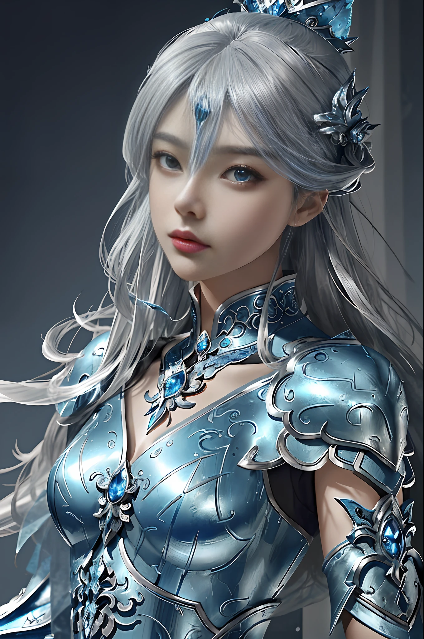 a close up of a woman in a silver and blue dress, chengwei pan on artstation, by Yang J, detailed fantasy art, stunning character art, fanart best artstation, epic exquisite character art, beautiful armor, extremely detailed artgerm, detailed digital anime art, artgerm on artstation pixiv, armor girl