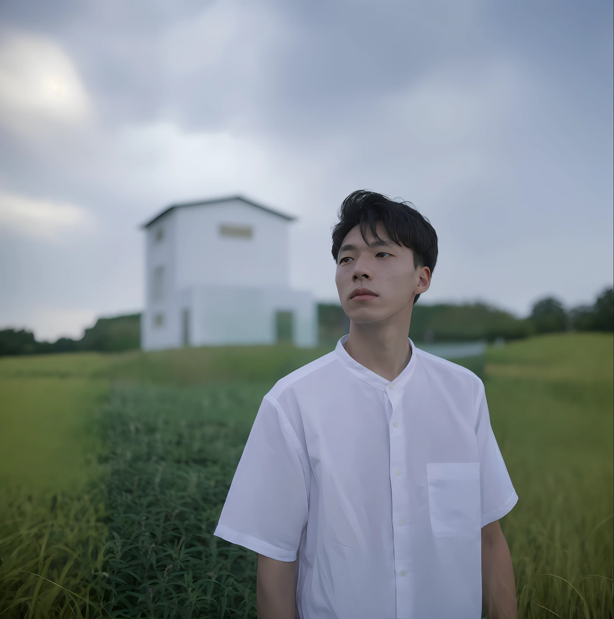 there is a man standing in a field of tall grass, still from a live action movie, taken with sony alpha 9, shinji, taken with canon 5d mk4, mid shot portrait, shot with sony alpha, standing outside a house, korean artist, shin jeongho, taken with canon eos 5 d, taken with canon eos 5 d mark iv