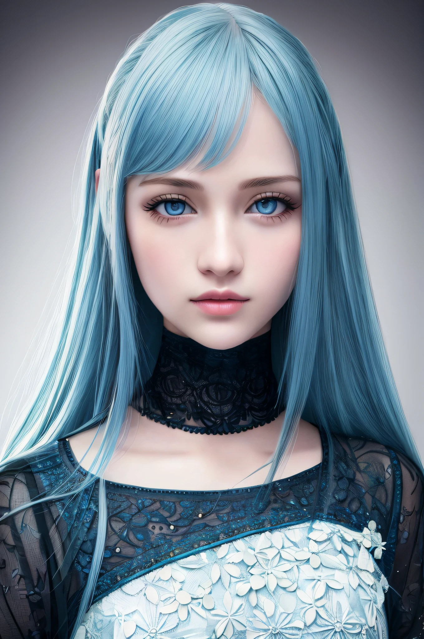 High Quality, Best Quality, Photorealistic, Raw Photo, Realistic, Ultra Real 8K, Ultra Detail, High Definition, Masterpiece, 1 Girl, 18 yrs ols, Female Beautiful Face, Soft Face, Elegant, Long Hair, Blue Eyes, Light Blue Eyes, Close Up, Intricate Detail, Detailed Textures, Fine Details, (Front Face),  (upperbody), she looks at a camera,