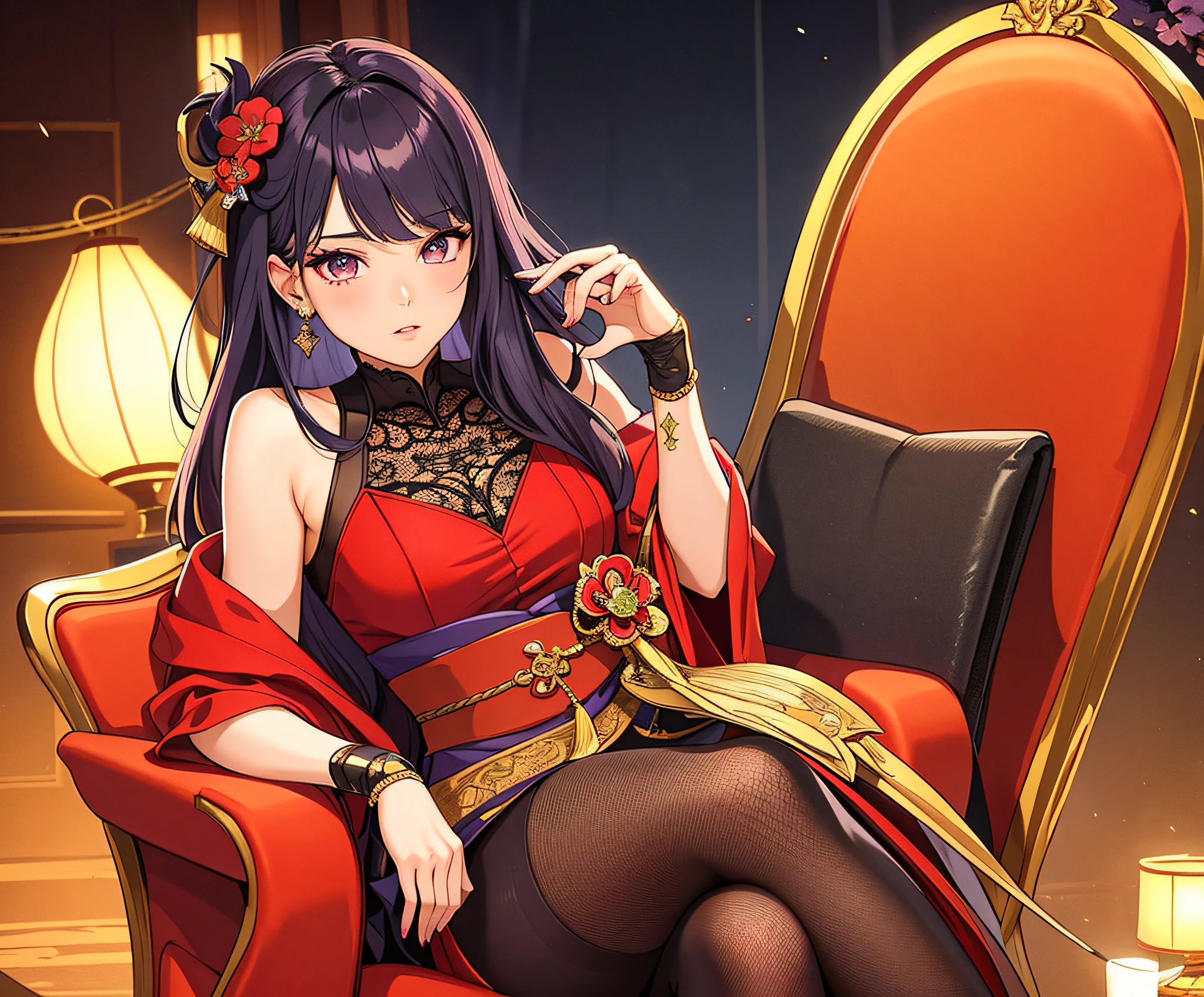 .masterpiece:1.2, best quality), realistic, (real picture, intricate details, depth of field), (1girl, solo), make up, parted lips, highly-detailed, perfect face, (skindentation), glossy coral lips, (A girl sitting on a queen chair), blushing, baal (Raiden shougn) from genshin impact, hair color(Martinique color)