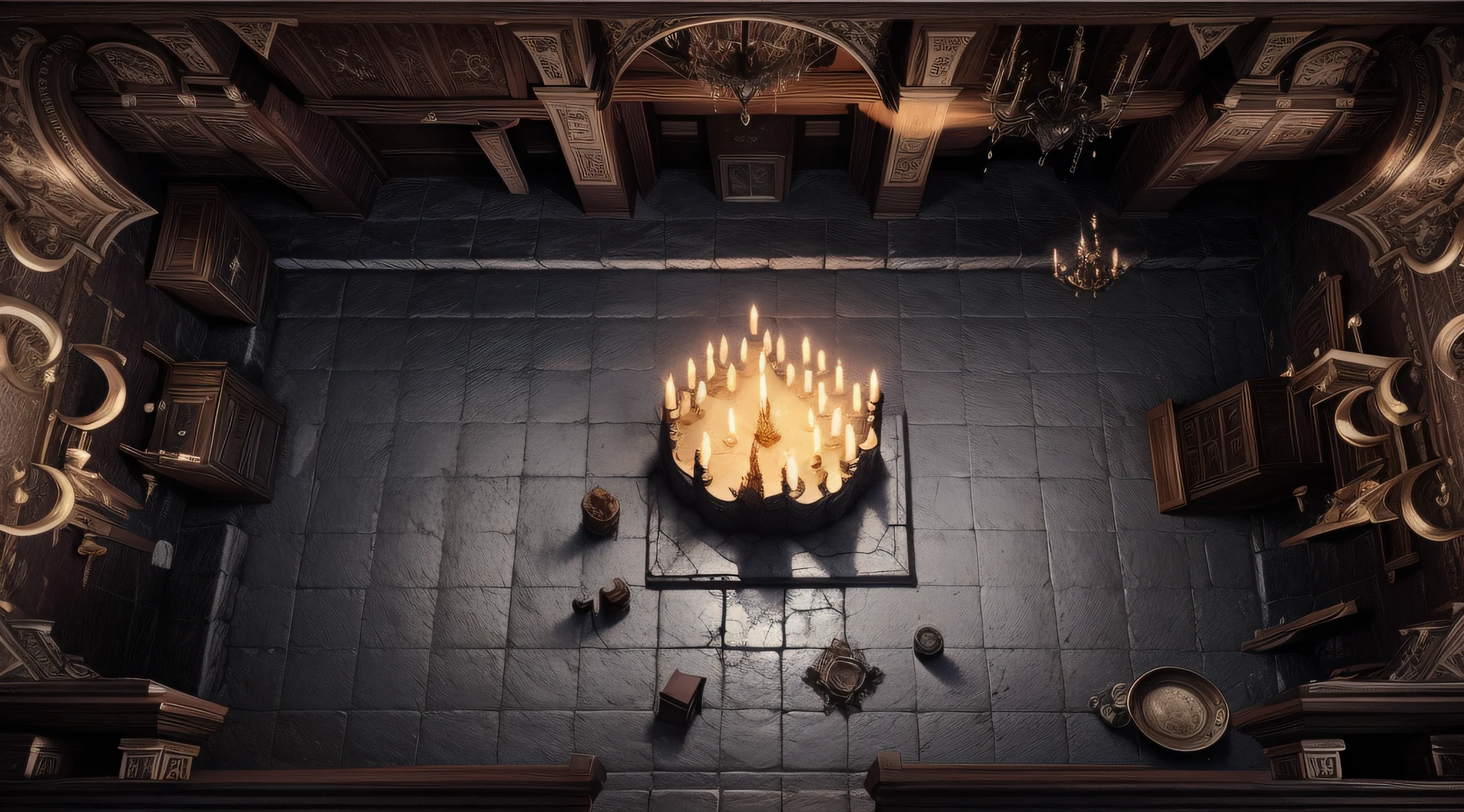 castle room with melting candle on the walls, rpg scenery map, top view, dark, low lighting, realistic art