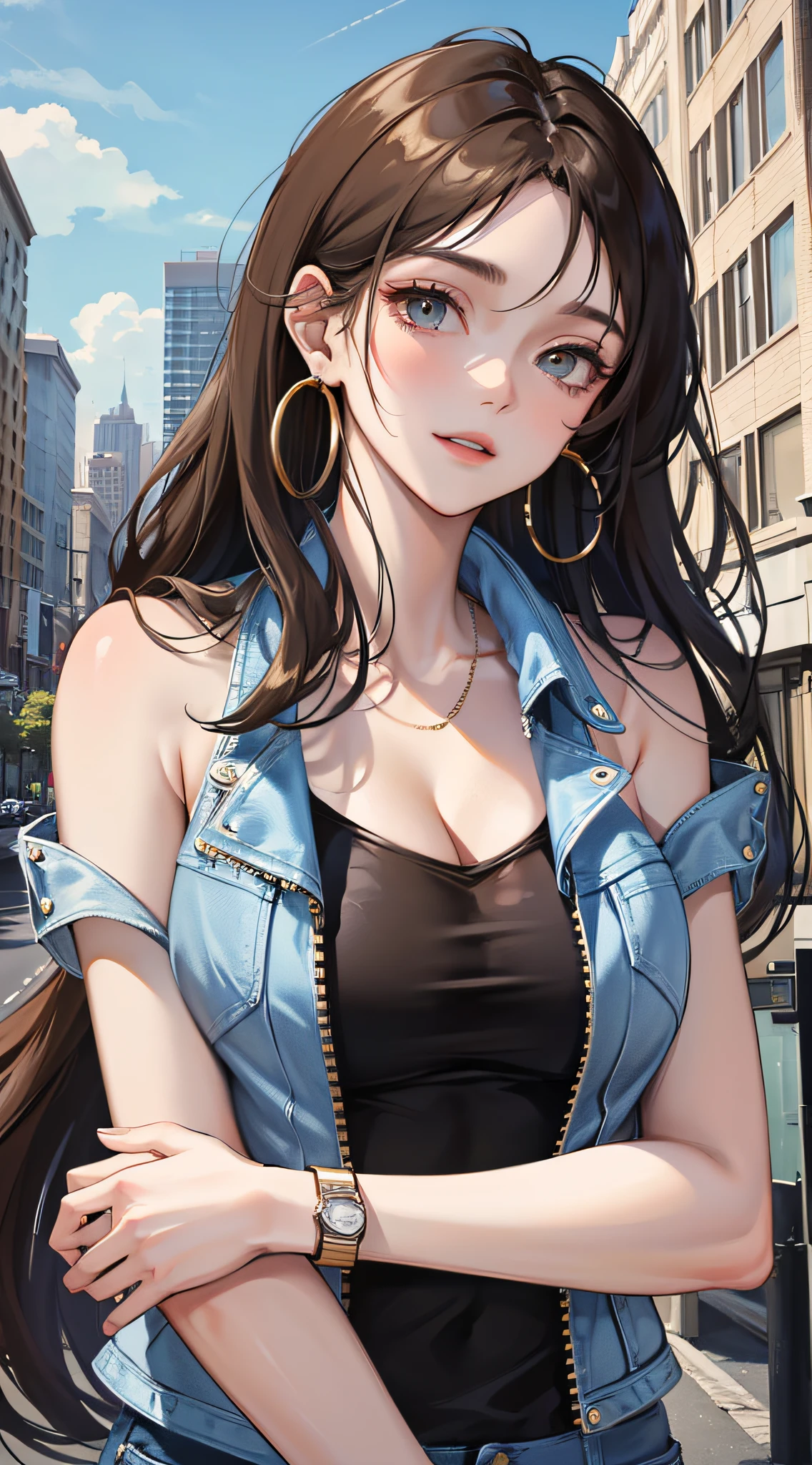 Highly detailed, high quality, masterpiece, 1 woman, upright, (casual wear: 1.1), (cleavage), white T-shirt, blue jeans, sneakers, black leather jacket draped over shoulders, (accessories: 1.2), gold hoop earrings, brown leather watch, natural makeup, slight smile, arms crossed in front of her, (city view: 0.9), buildings and characters in the background, outdoors, sunny day.