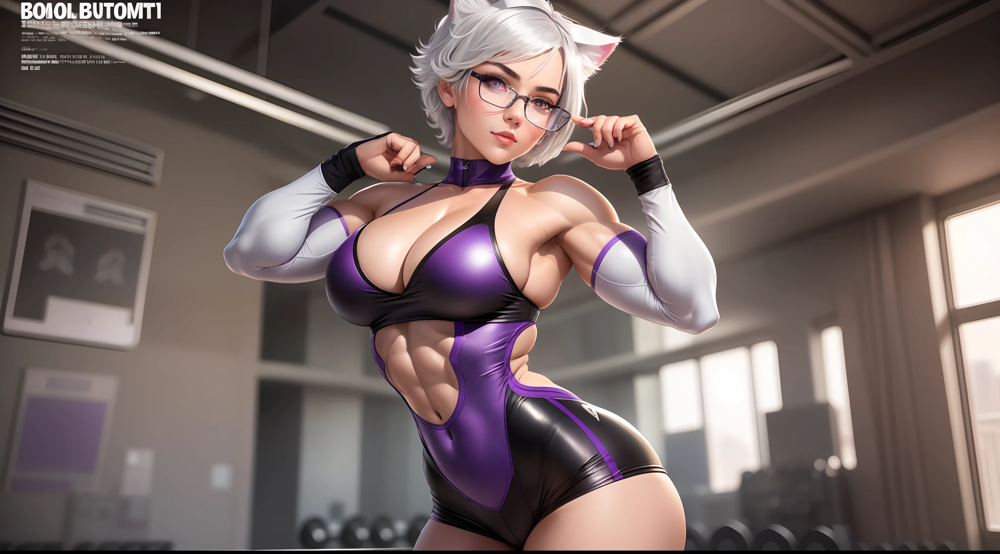 Masterpiece, best quality, 1girl, solo, cat ears, short hair, silver hair, white hair, black glasses, purple eyes, very detailed face, (((perfect anatomy)))), bodybuilder pose, big boobs, full body, landing for a sports magazine magazine.