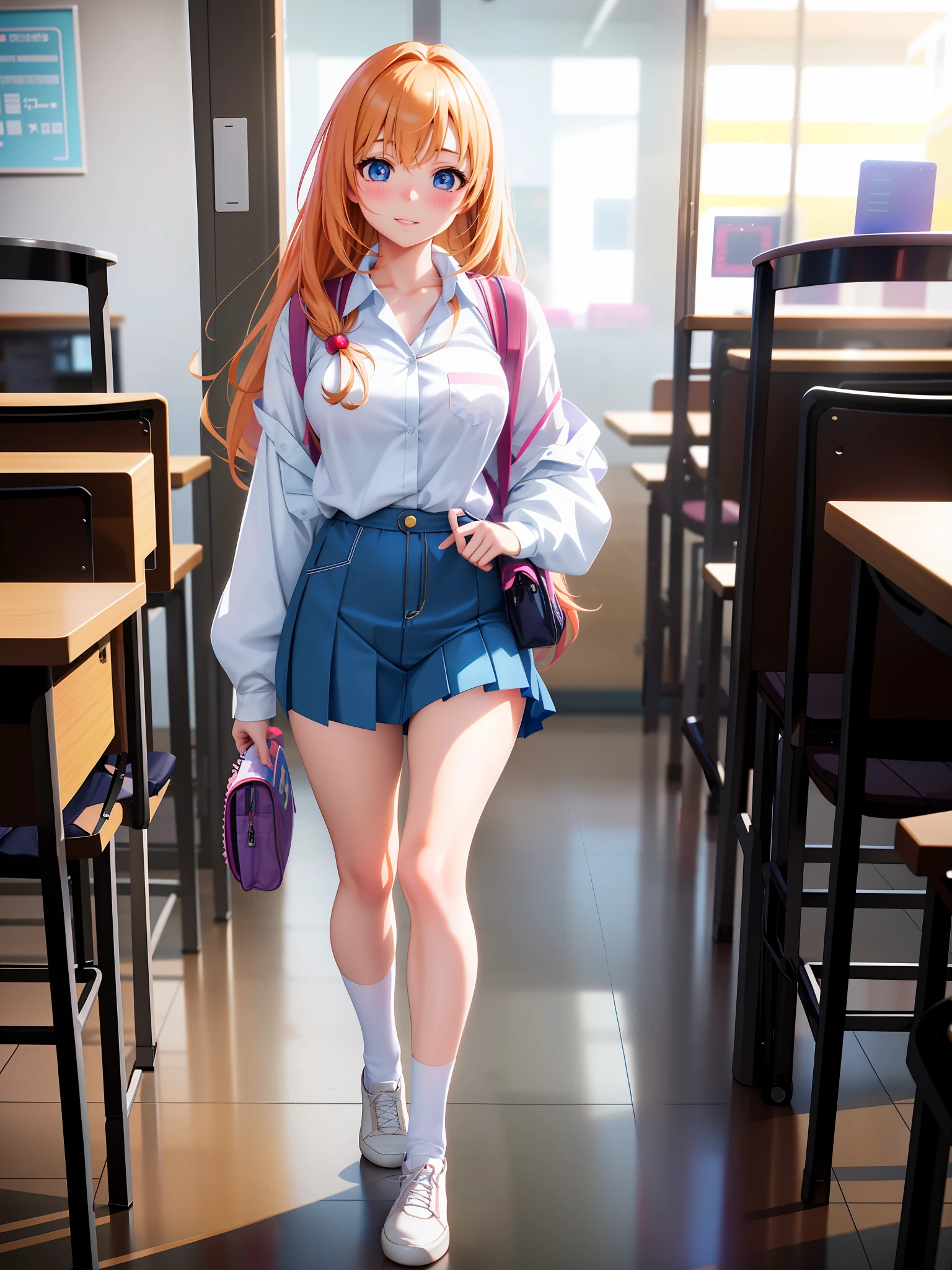 anime girl walking in a school cafeteria with a backpack and purse, a hyperrealistic schoolgirl, hyperrealistic schoolgirl, realistic anime 3 d style, beautiful anime high school girl, realistic schoolgirl, casual pose, realistic young anime girl, mysterious coffee shop girl, anime barbie in white, young anime girl, photorealistic anime, anime barbie in white stockings