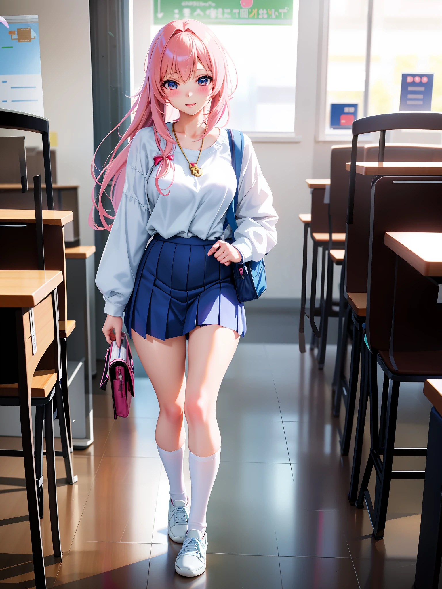 anime girl walking in a school cafeteria with a backpack and purse, a hyperrealistic schoolgirl, hyperrealistic schoolgirl, realistic anime 3 d style, beautiful anime high school girl, realistic schoolgirl, casual pose, realistic young anime girl, mysterious coffee shop girl, anime barbie in white, young anime girl, photorealistic anime, anime barbie in white stockings