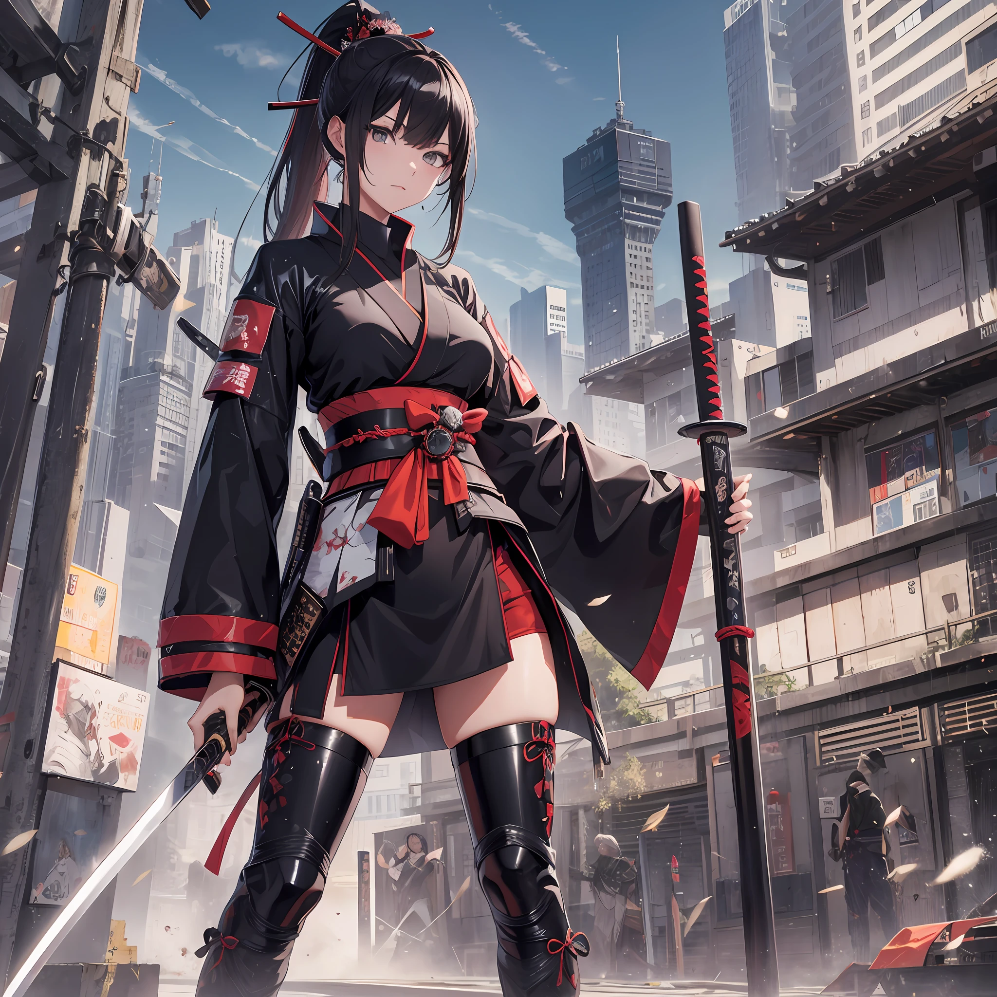cool, katana, samurai, girl, sharp eyes, sharp focus, masterpiece, highres, absurdres, futuristic clothes, high ponytail, fullbody shot,
